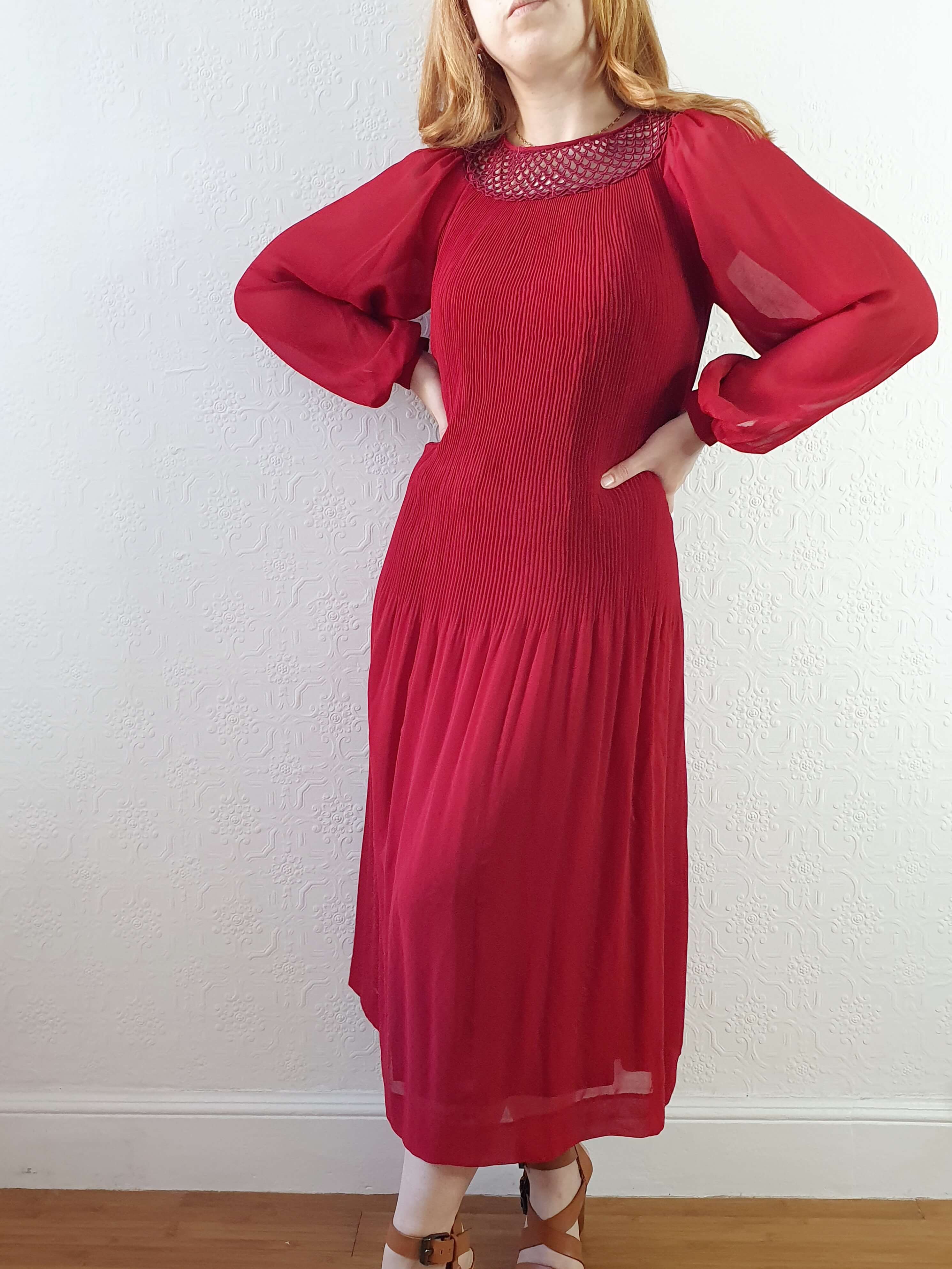 Vintage Deep Red Micro Pleated Balloon Sleeve Dress - M - Image 10