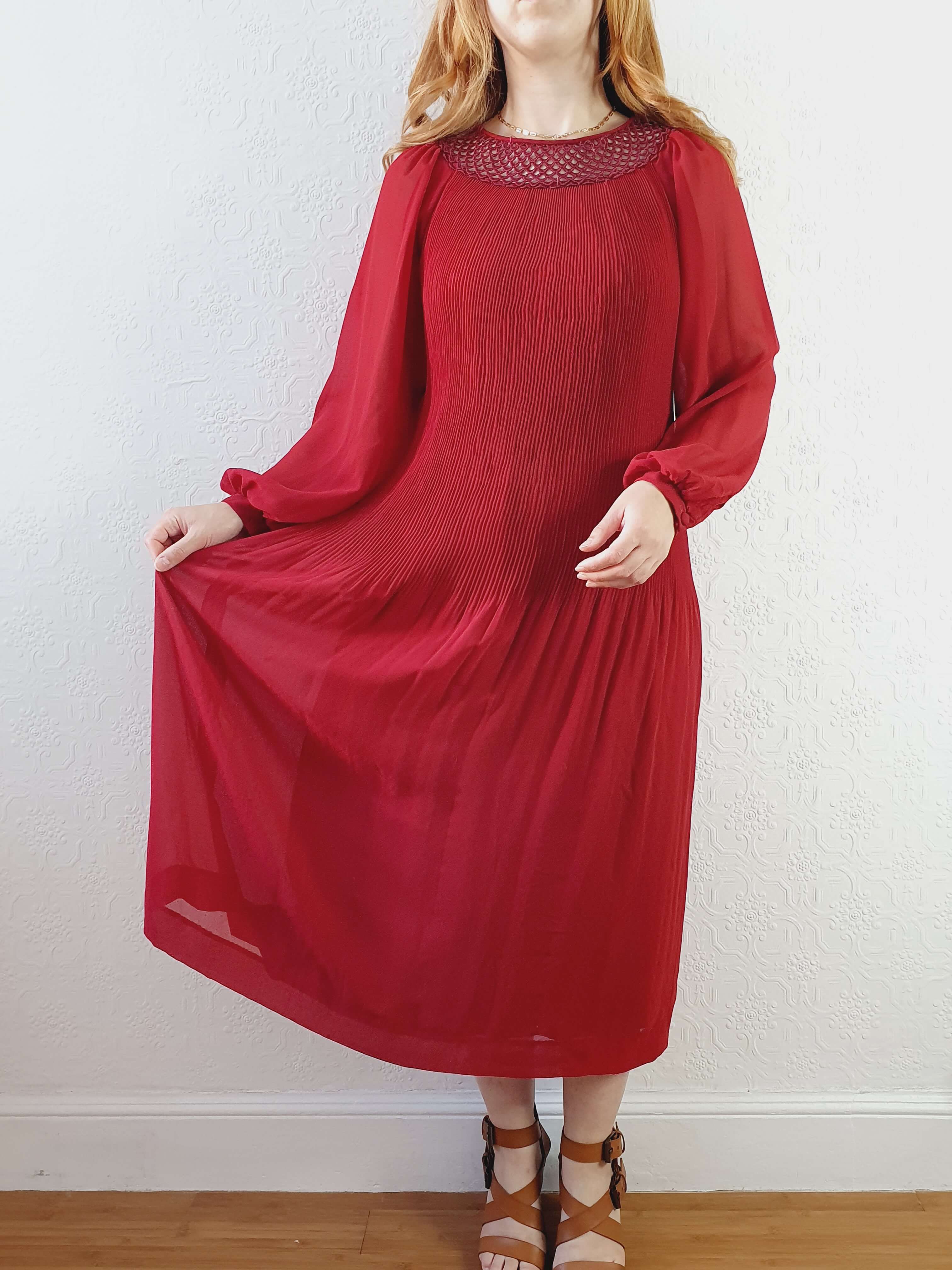 Vintage Deep Red Micro Pleated Balloon Sleeve Dress - M - Image 11