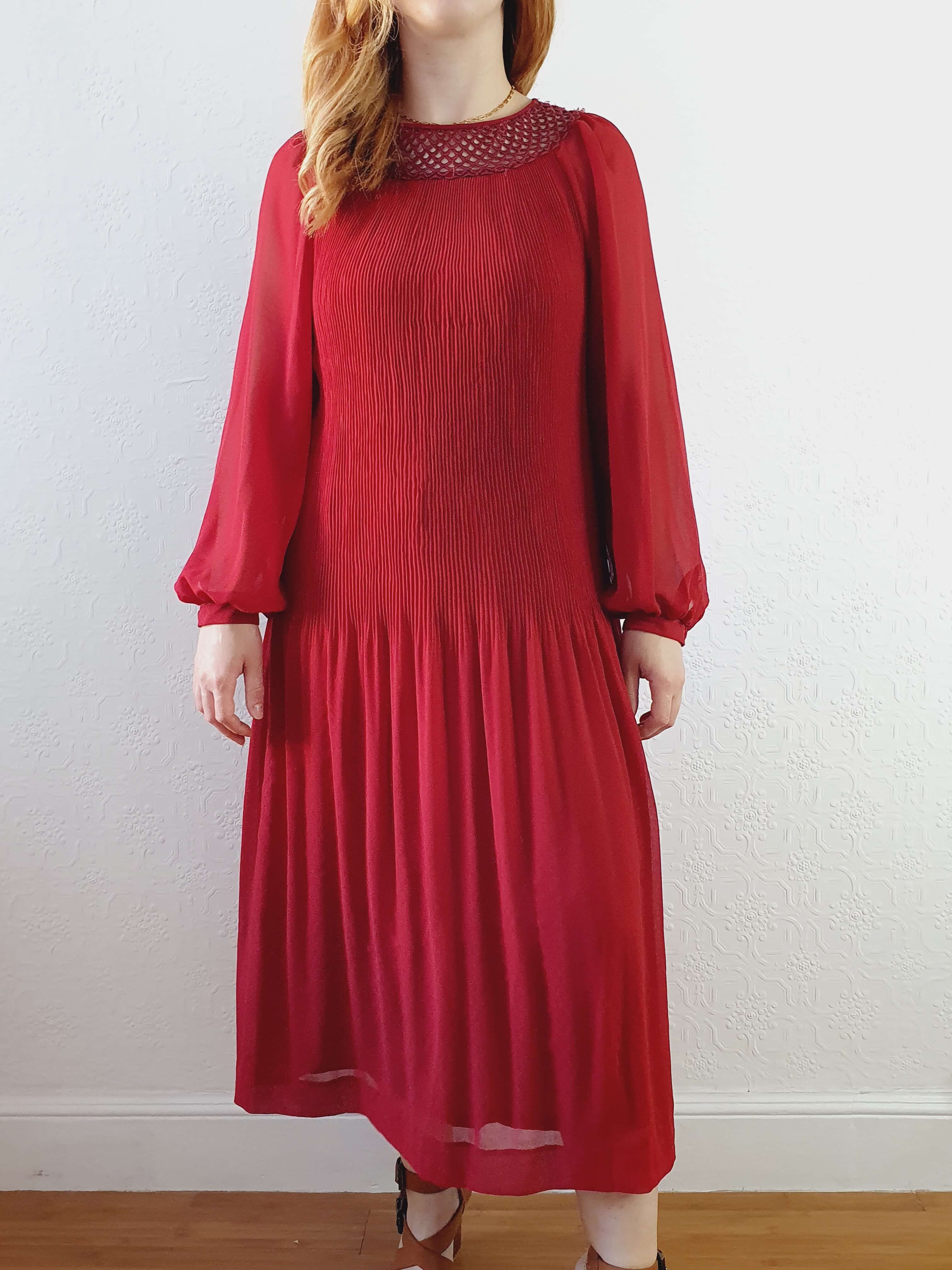 Vintage Deep Red Micro Pleated Balloon Sleeve Dress - M - Image 12