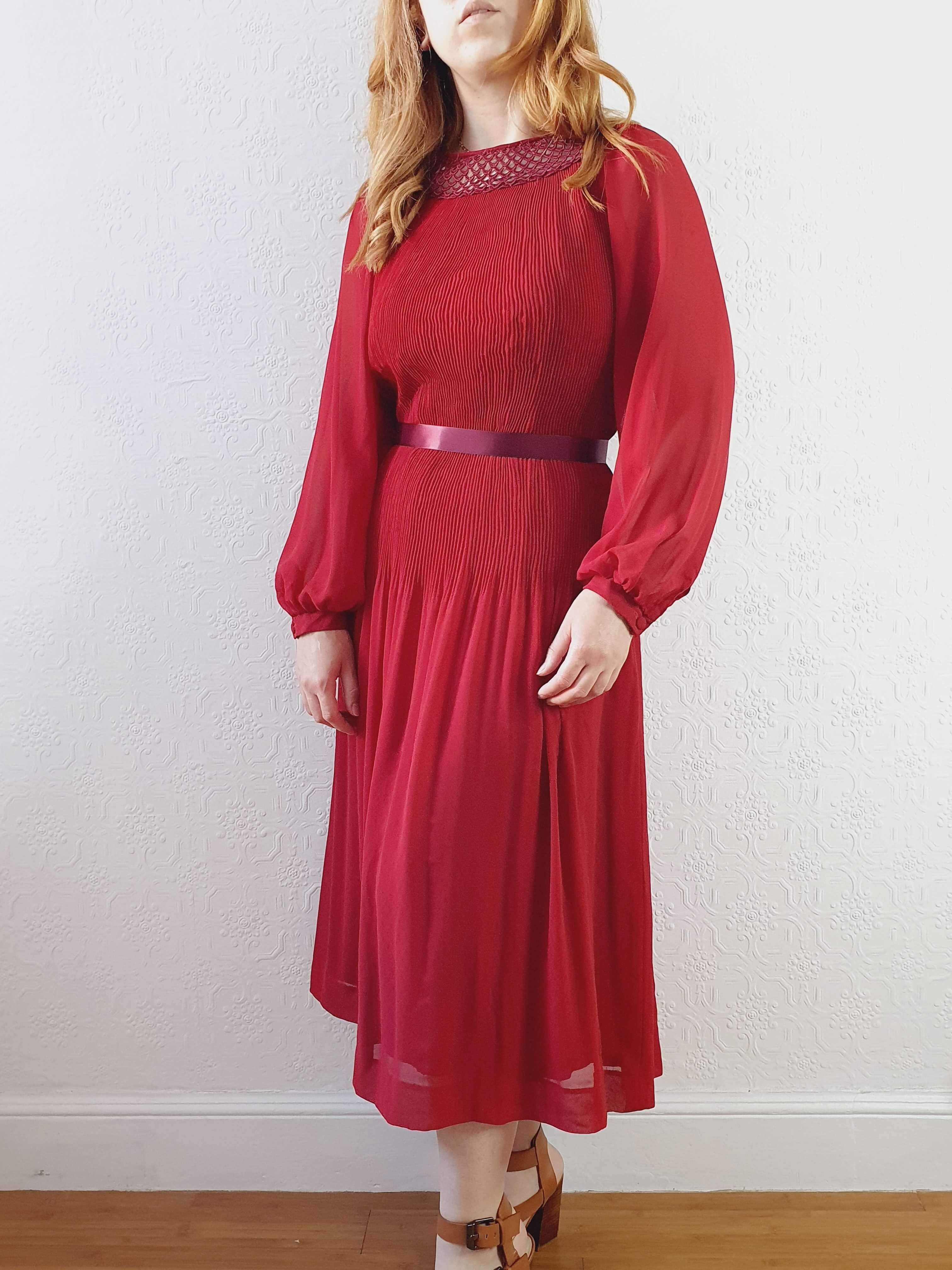 Vintage Deep Red Micro Pleated Balloon Sleeve Dress - M - Image 2