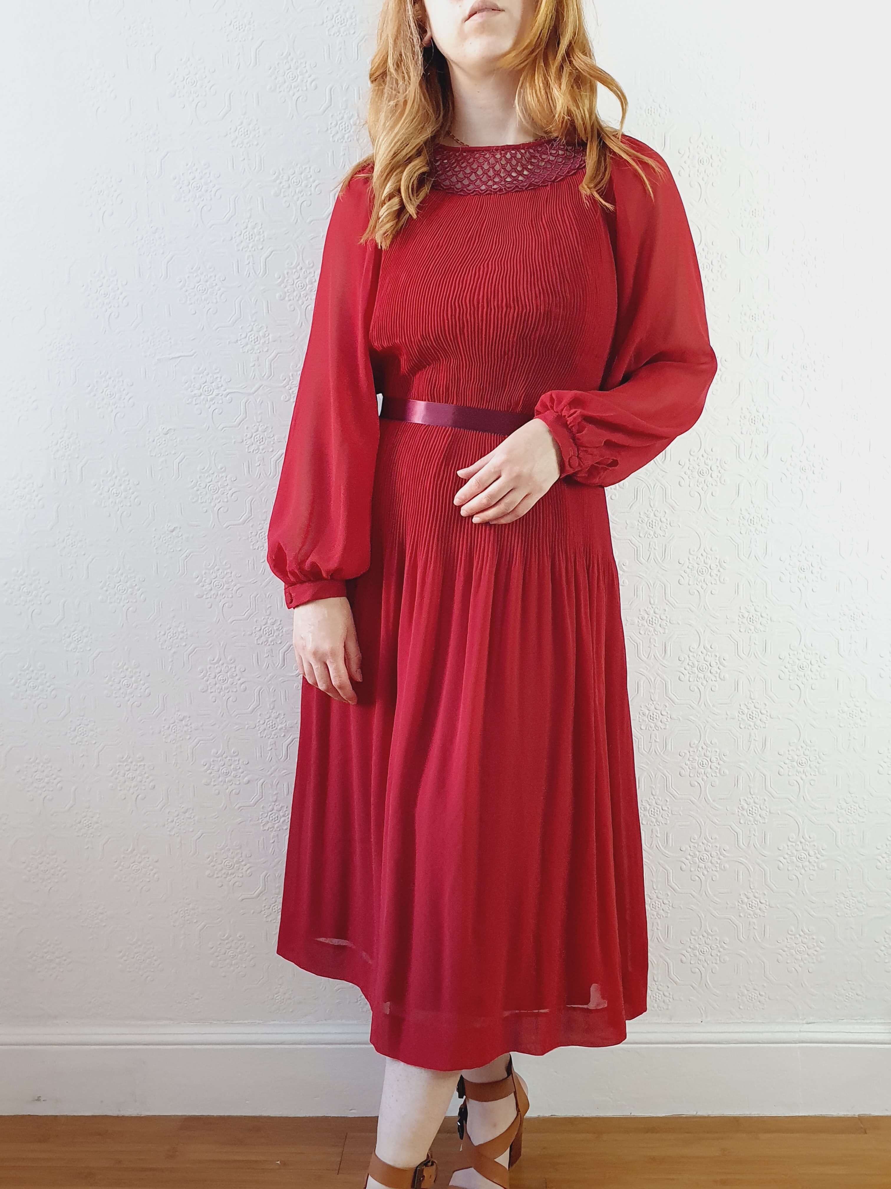 Vintage Deep Red Micro Pleated Balloon Sleeve Dress - M - Image 3