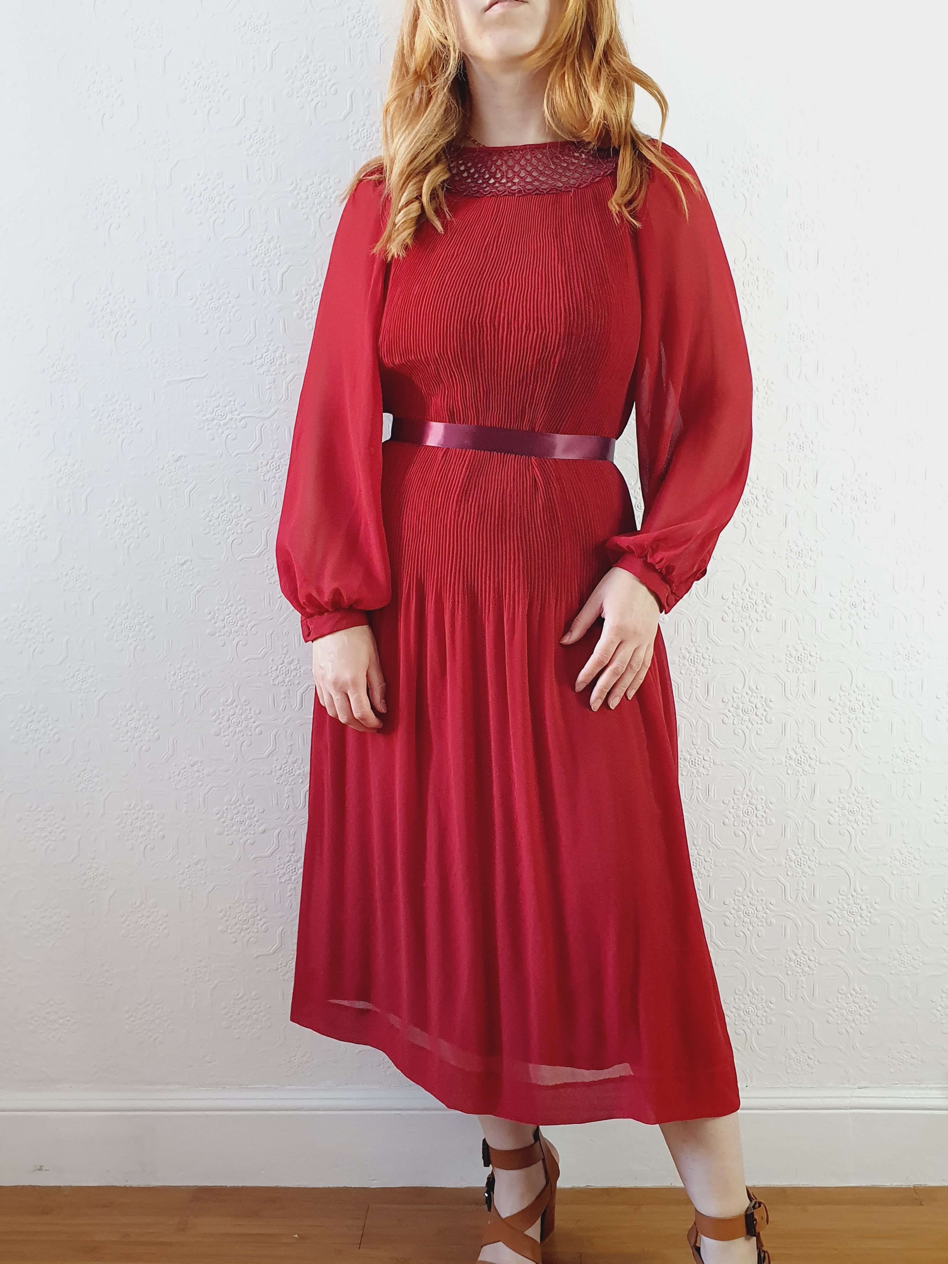 Vintage Deep Red Micro Pleated Balloon Sleeve Dress - M - Image 4
