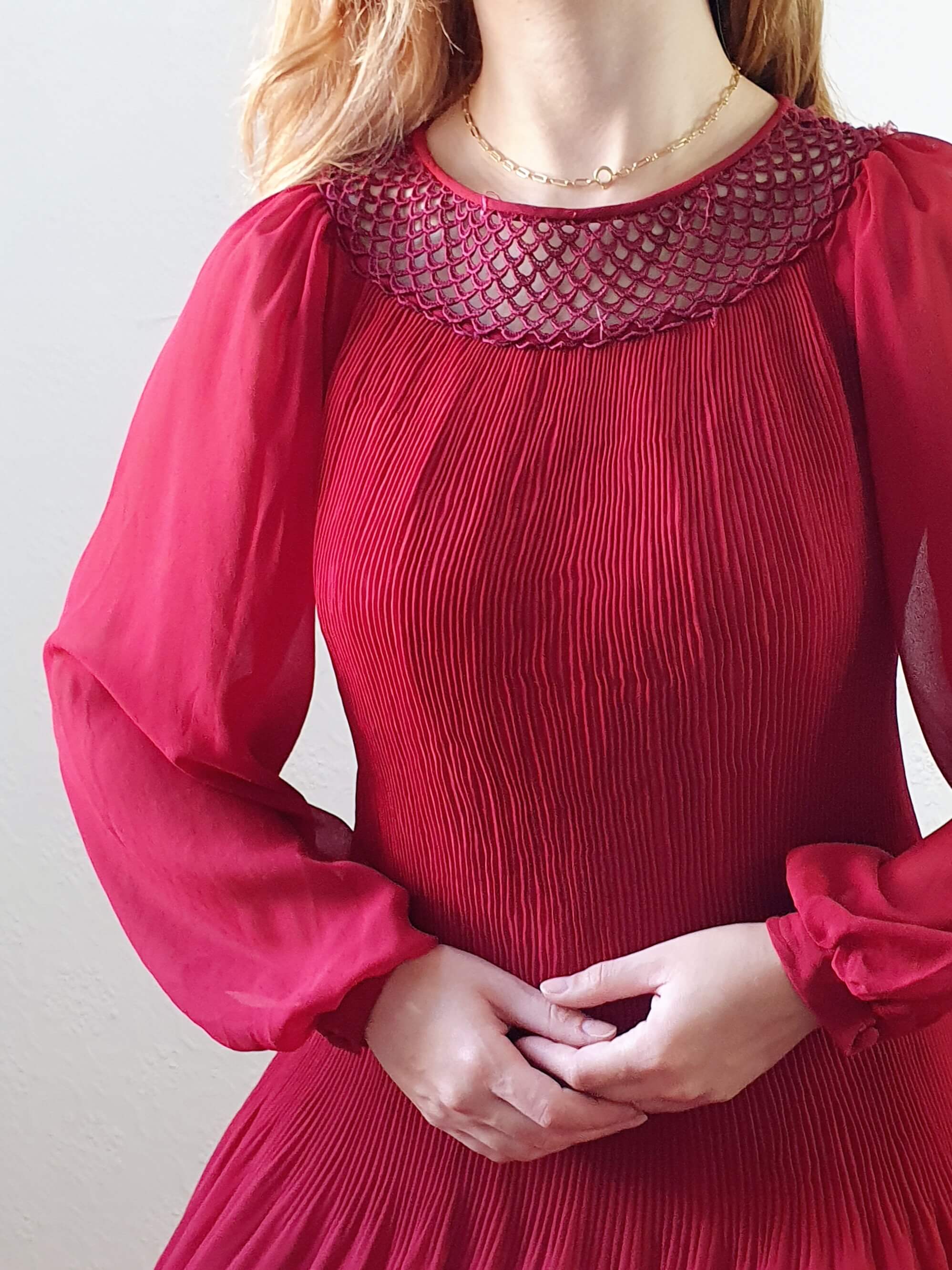 Vintage Deep Red Micro Pleated Balloon Sleeve Dress - M - Image 5