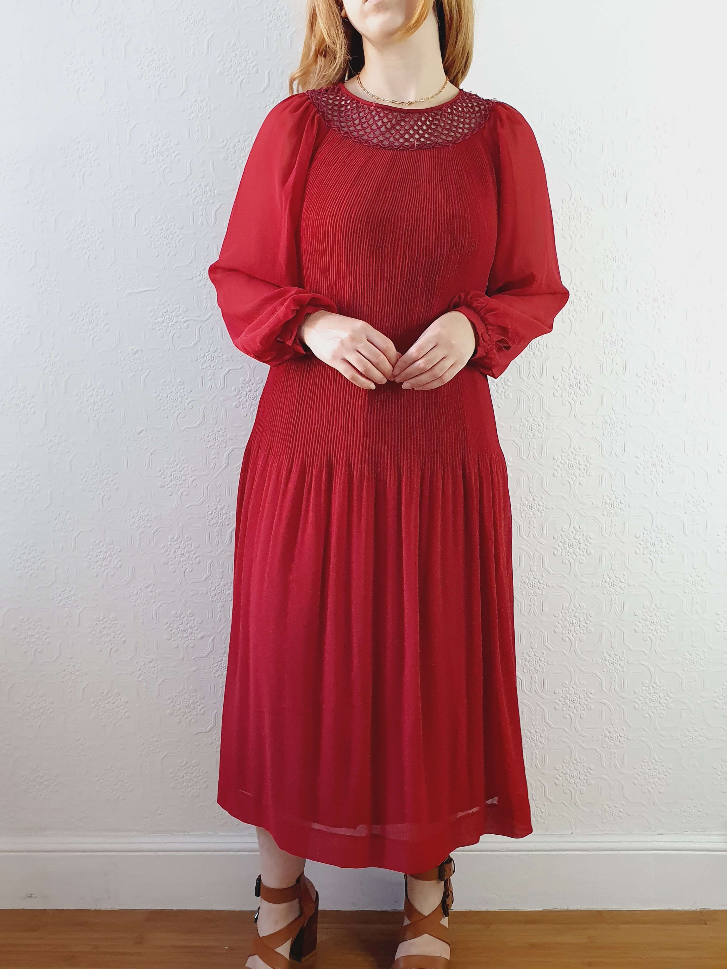 Vintage Deep Red Micro Pleated Balloon Sleeve Dress - M - Image 6