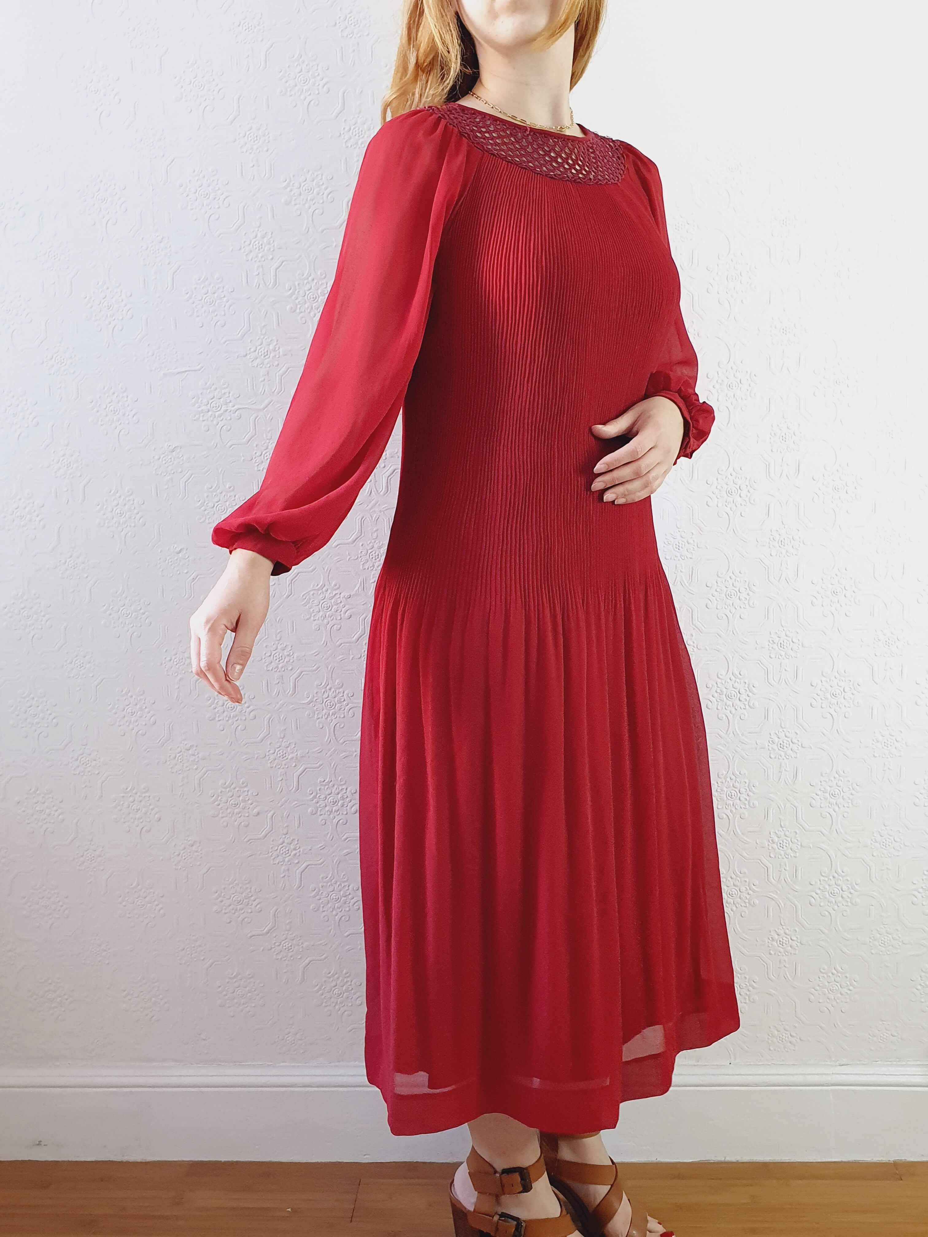 Vintage Deep Red Micro Pleated Balloon Sleeve Dress - M - Image 7