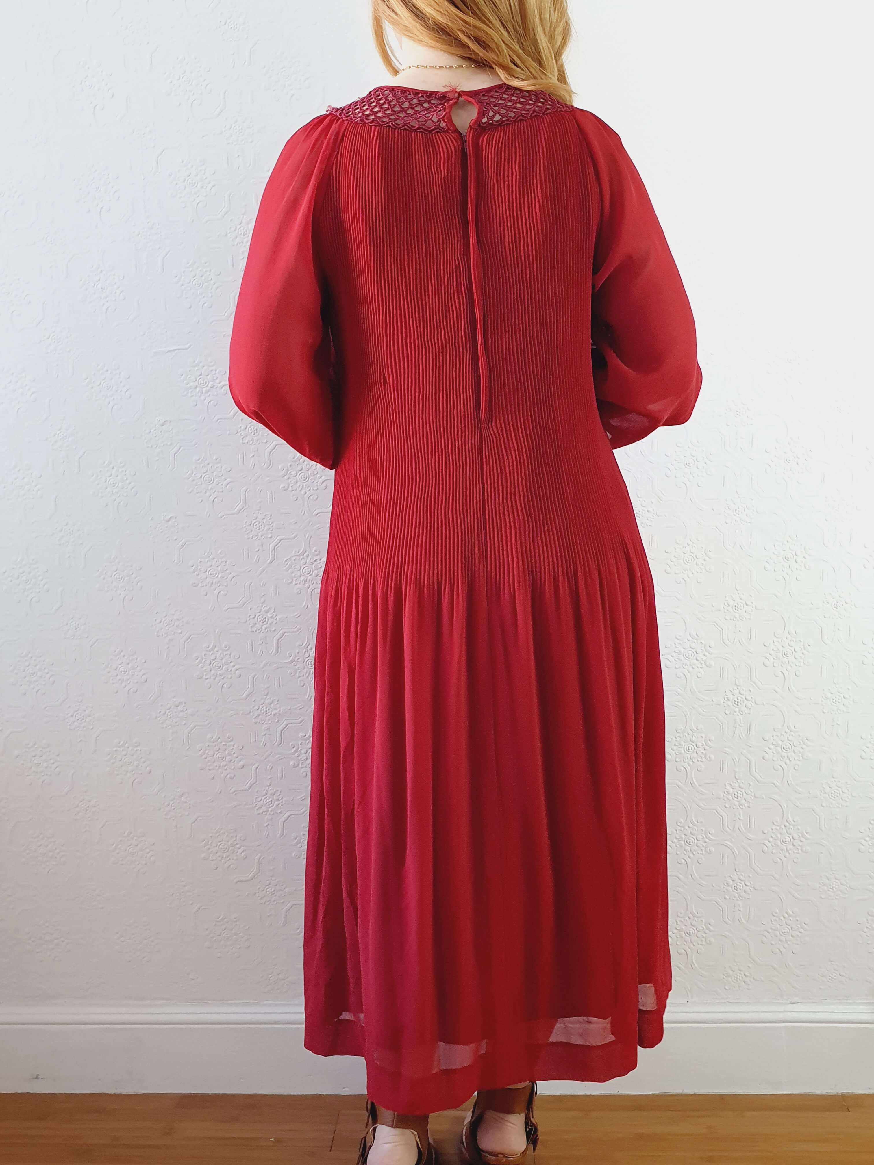 Vintage Deep Red Micro Pleated Balloon Sleeve Dress - M - Image 8