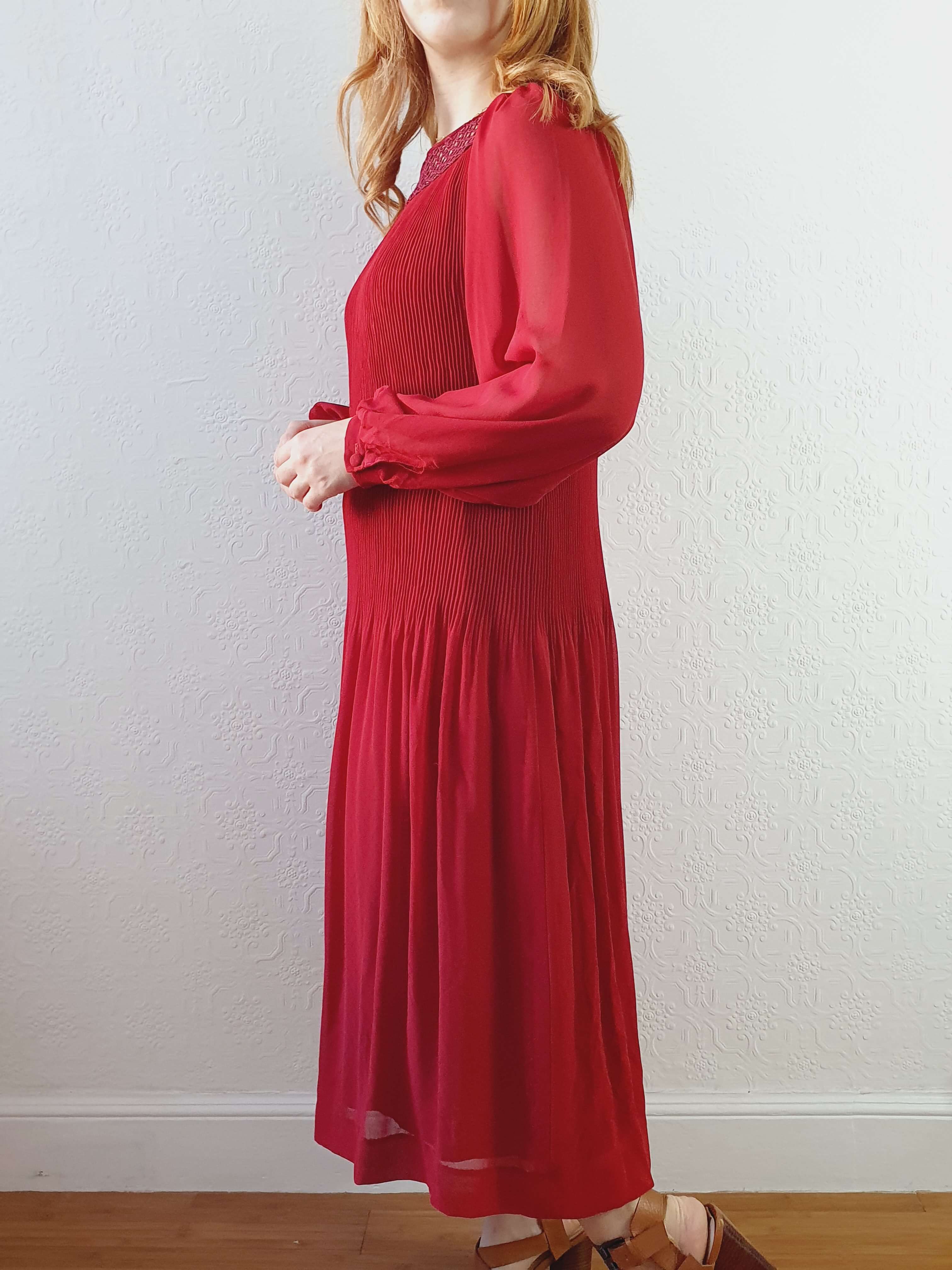 Vintage Deep Red Micro Pleated Balloon Sleeve Dress - M - Image 9