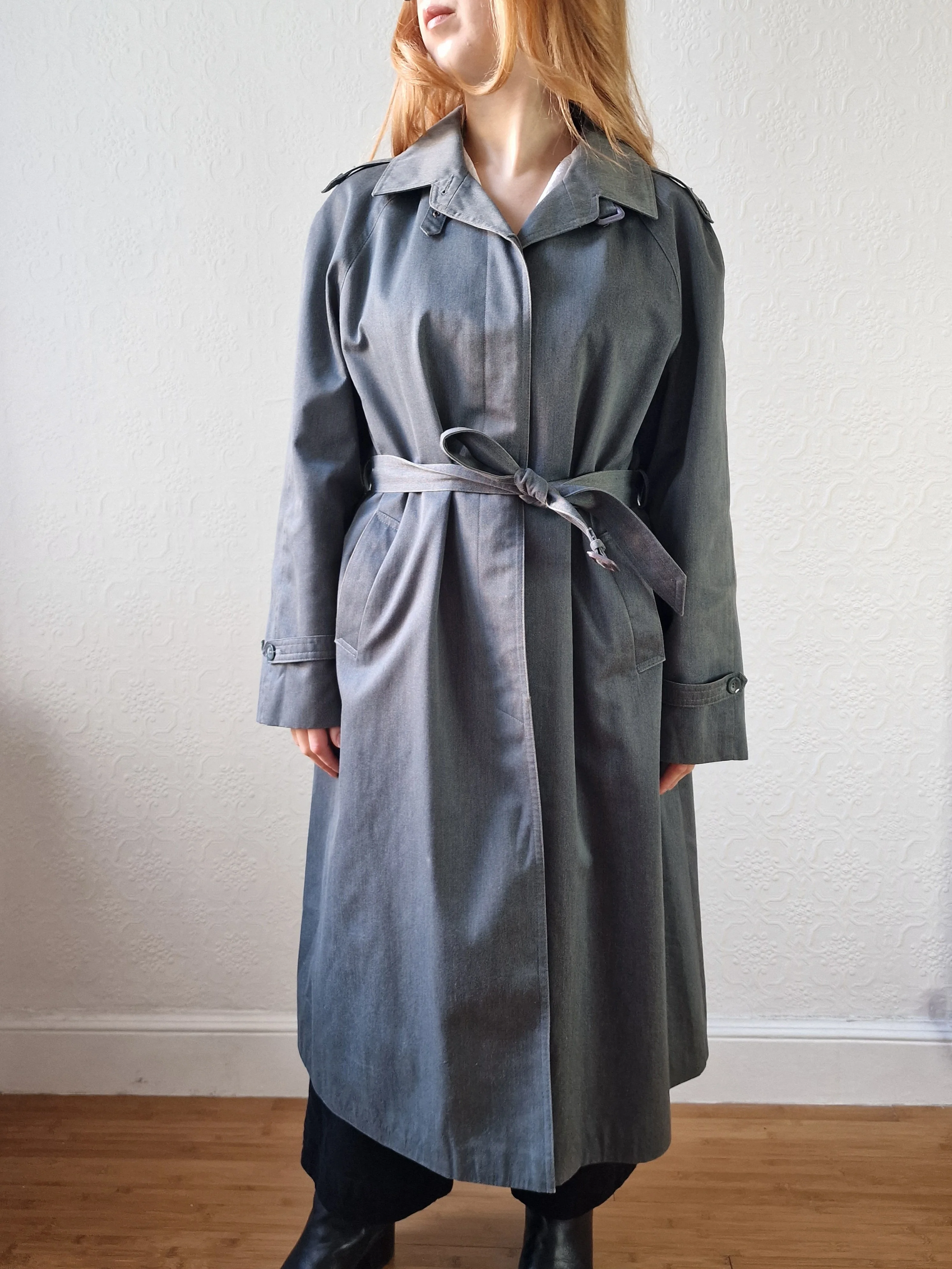 Vintage Denim Effect Dark Green Single Breasted Trench Coat - M/L - Image 10