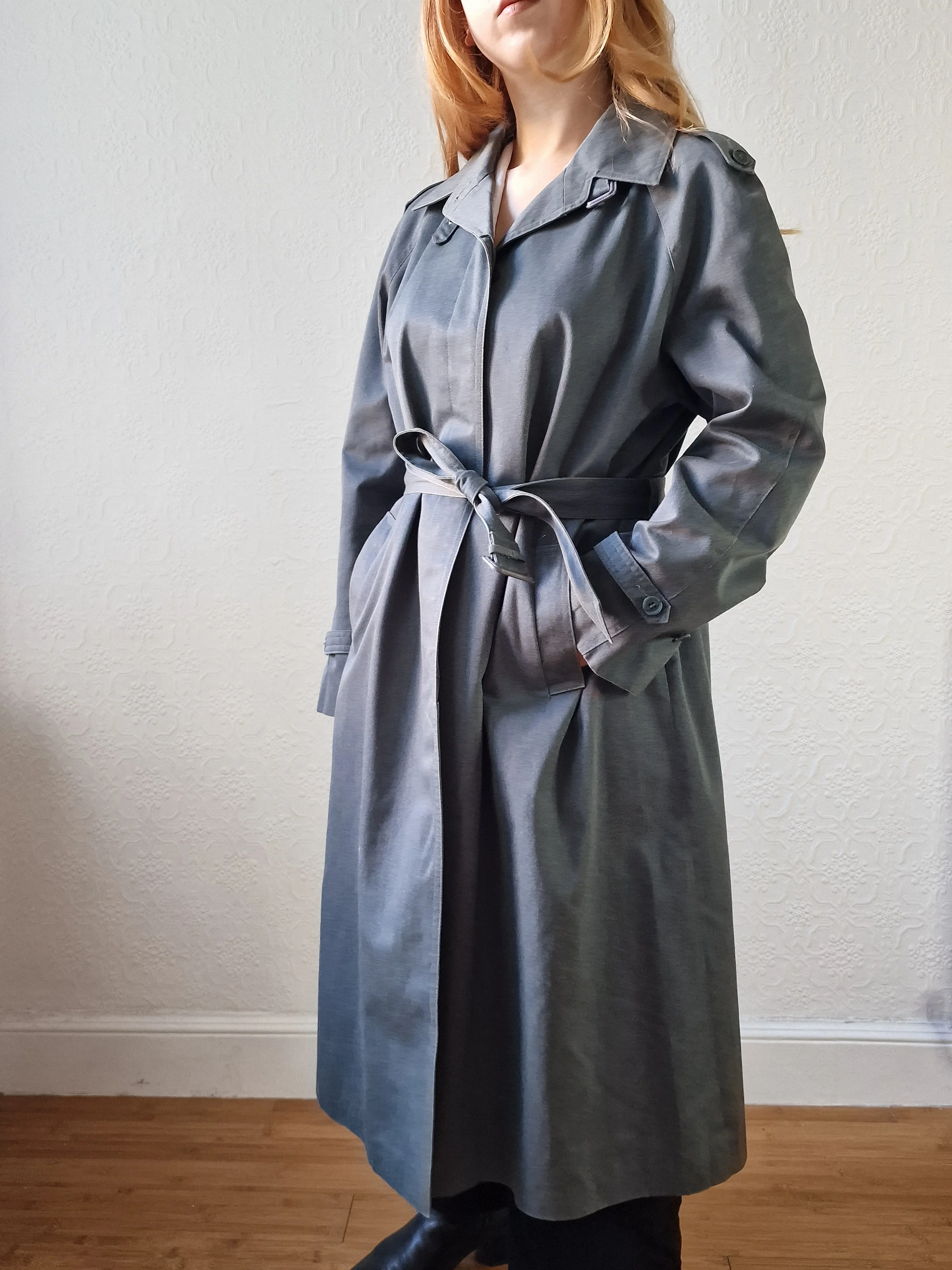 Vintage Denim Effect Dark Green Single Breasted Trench Coat - M/L - Image 11