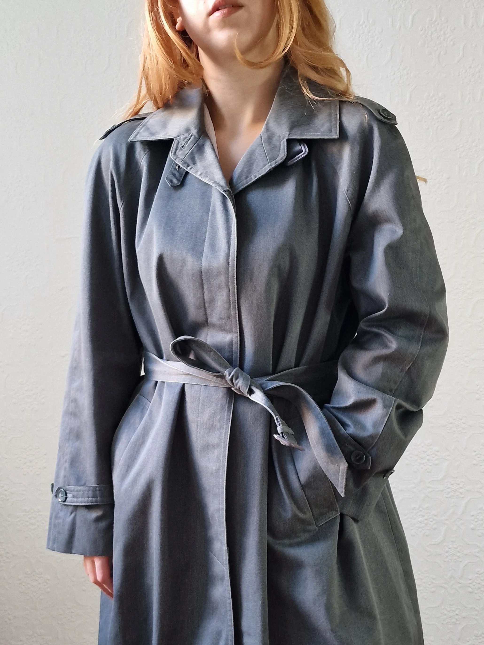 Vintage Denim Effect Dark Green Single Breasted Trench Coat - M/L - Image 12