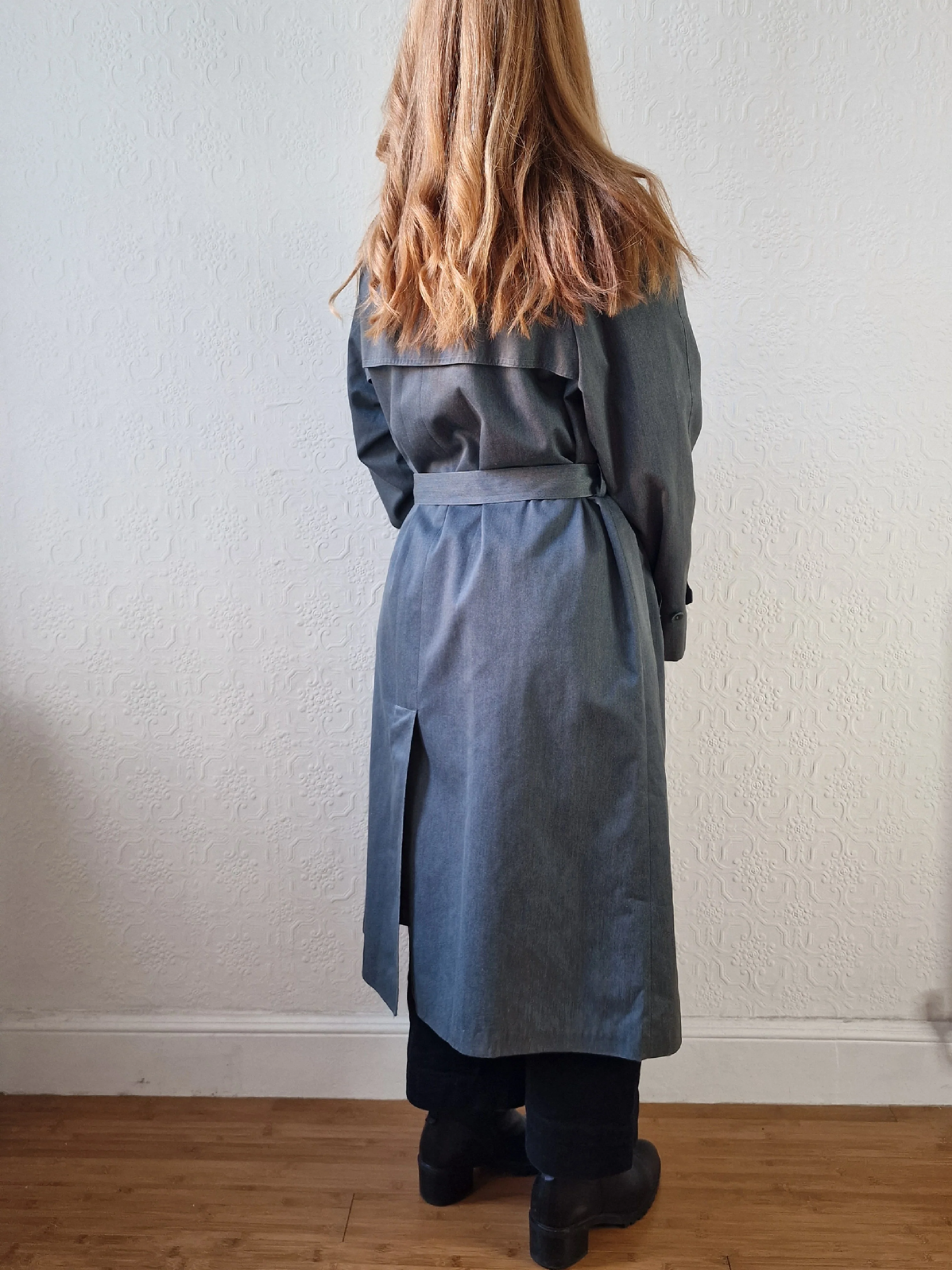 Vintage Denim Effect Dark Green Single Breasted Trench Coat - M/L - Image 13