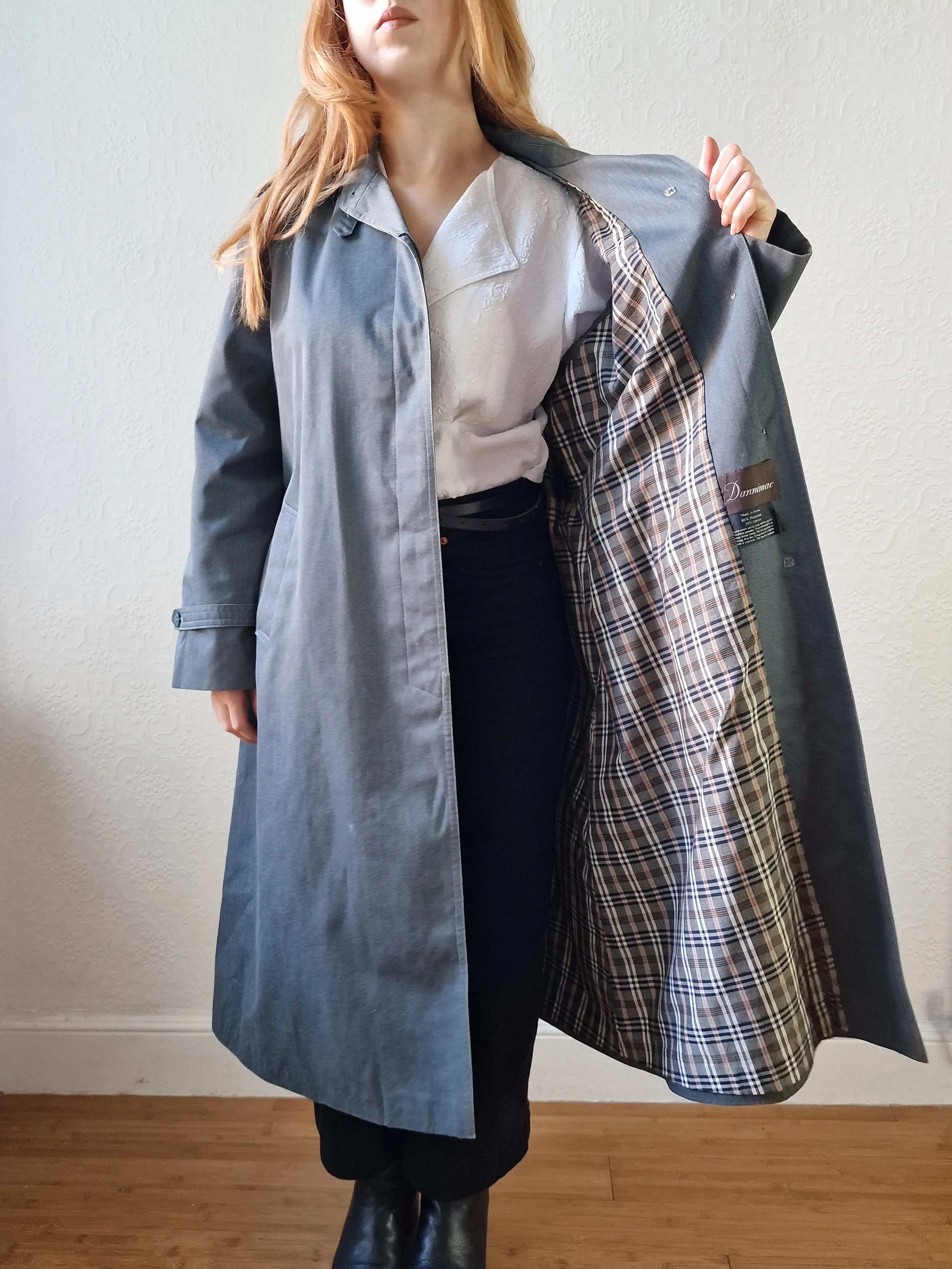 Vintage Denim Effect Dark Green Single Breasted Trench Coat - M/L - Image 14