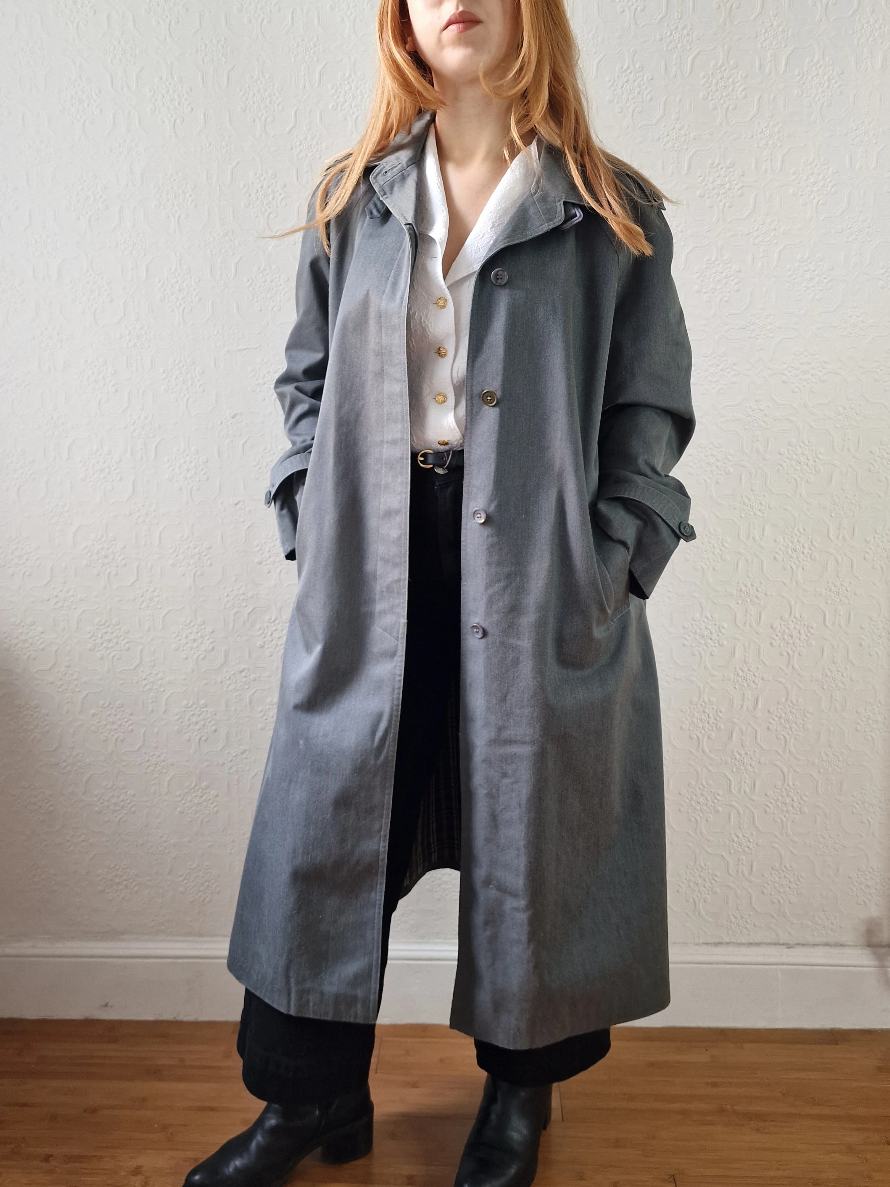Vintage Denim Effect Dark Green Single Breasted Trench Coat - M/L - Image 2