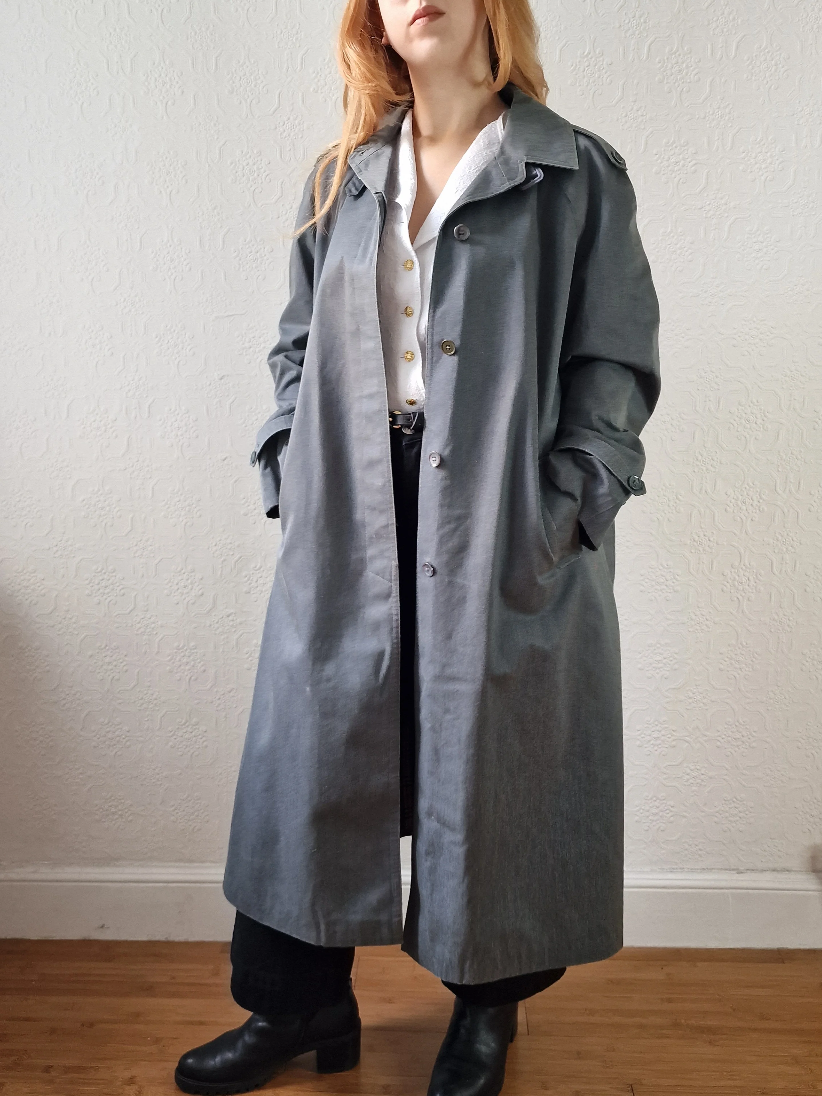 Vintage Denim Effect Dark Green Single Breasted Trench Coat - M/L - Image 3
