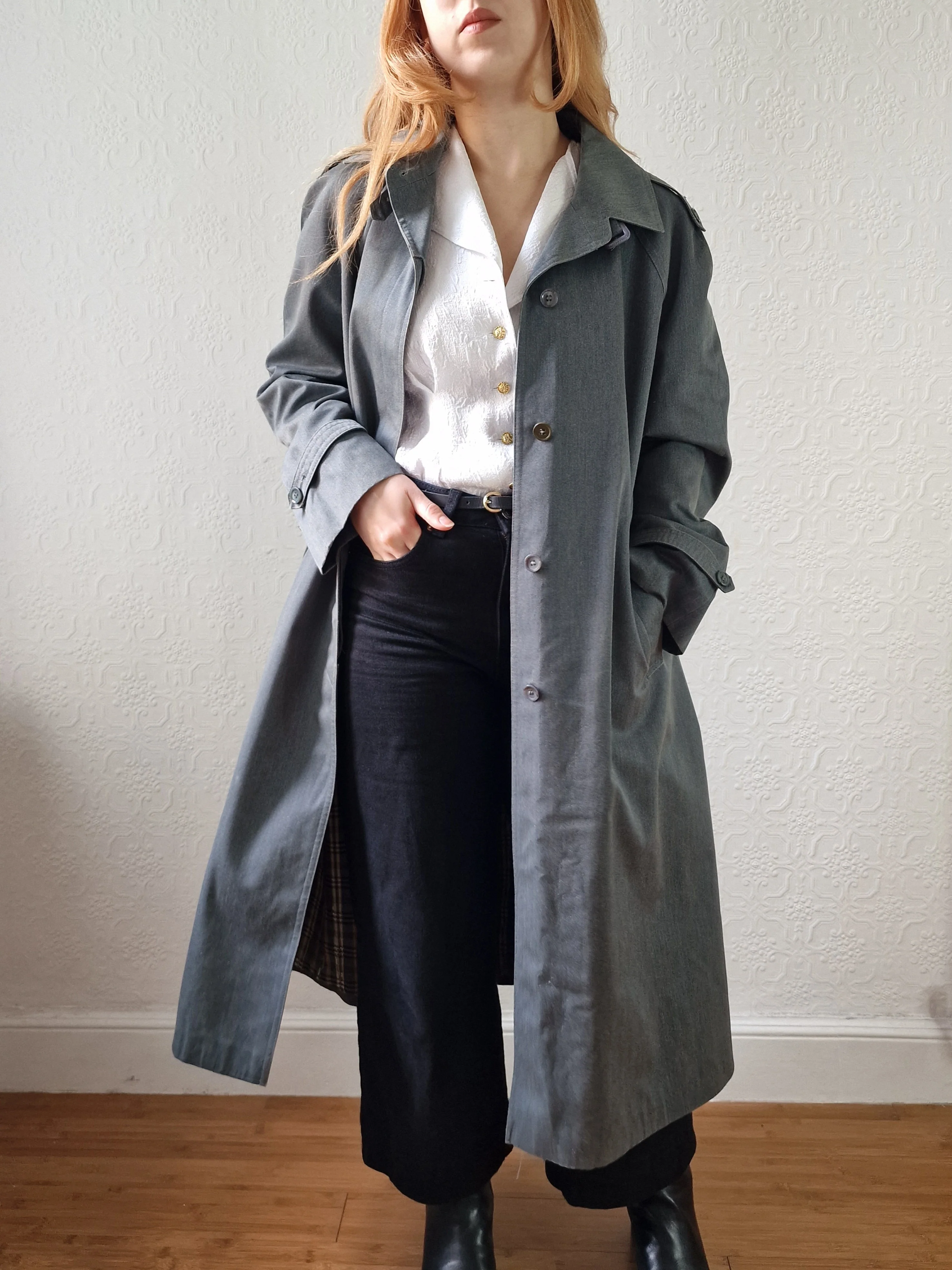 Vintage Denim Effect Dark Green Single Breasted Trench Coat - M/L - Image 4