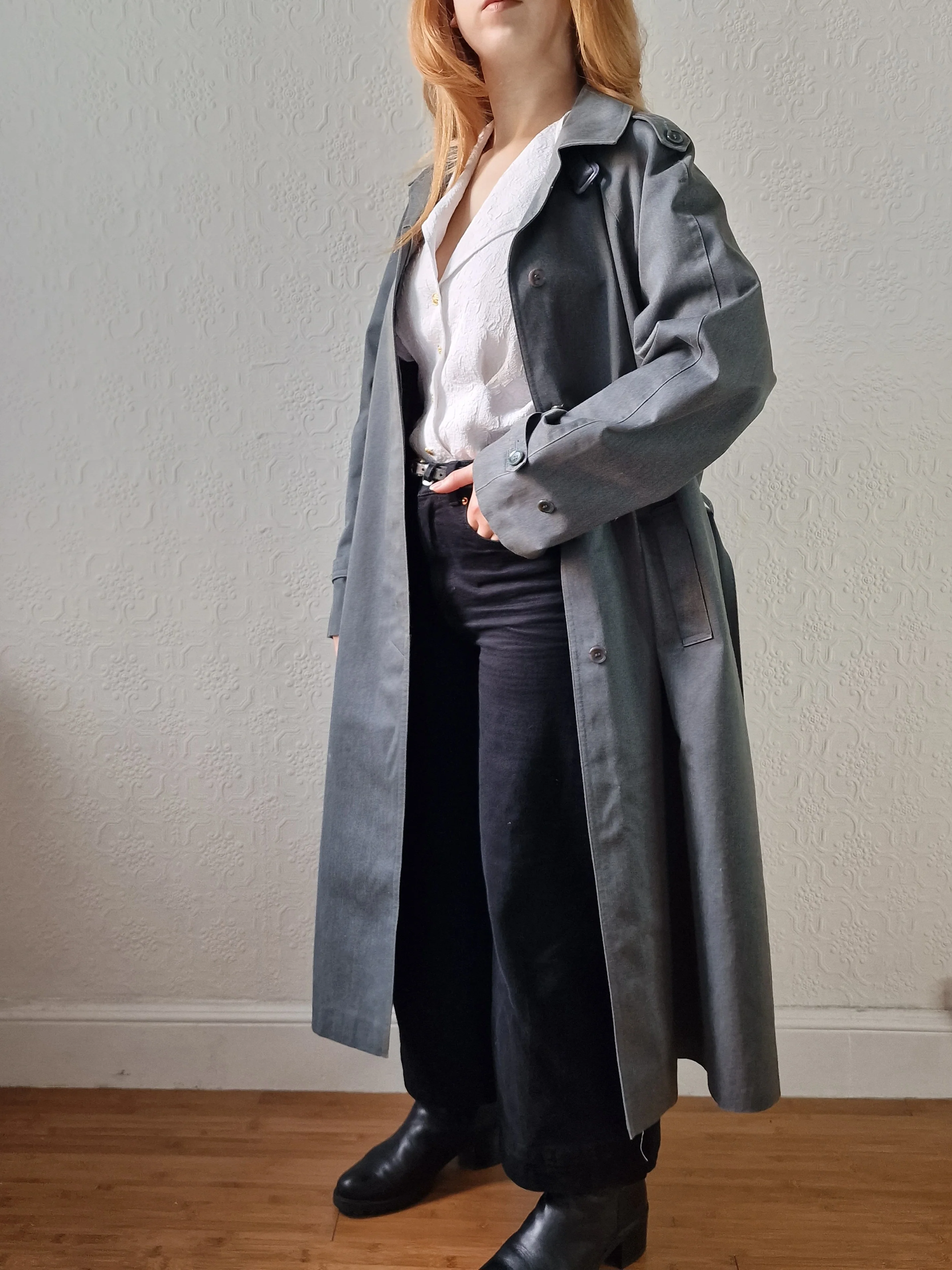 Vintage Denim Effect Dark Green Single Breasted Trench Coat - M/L - Image 5