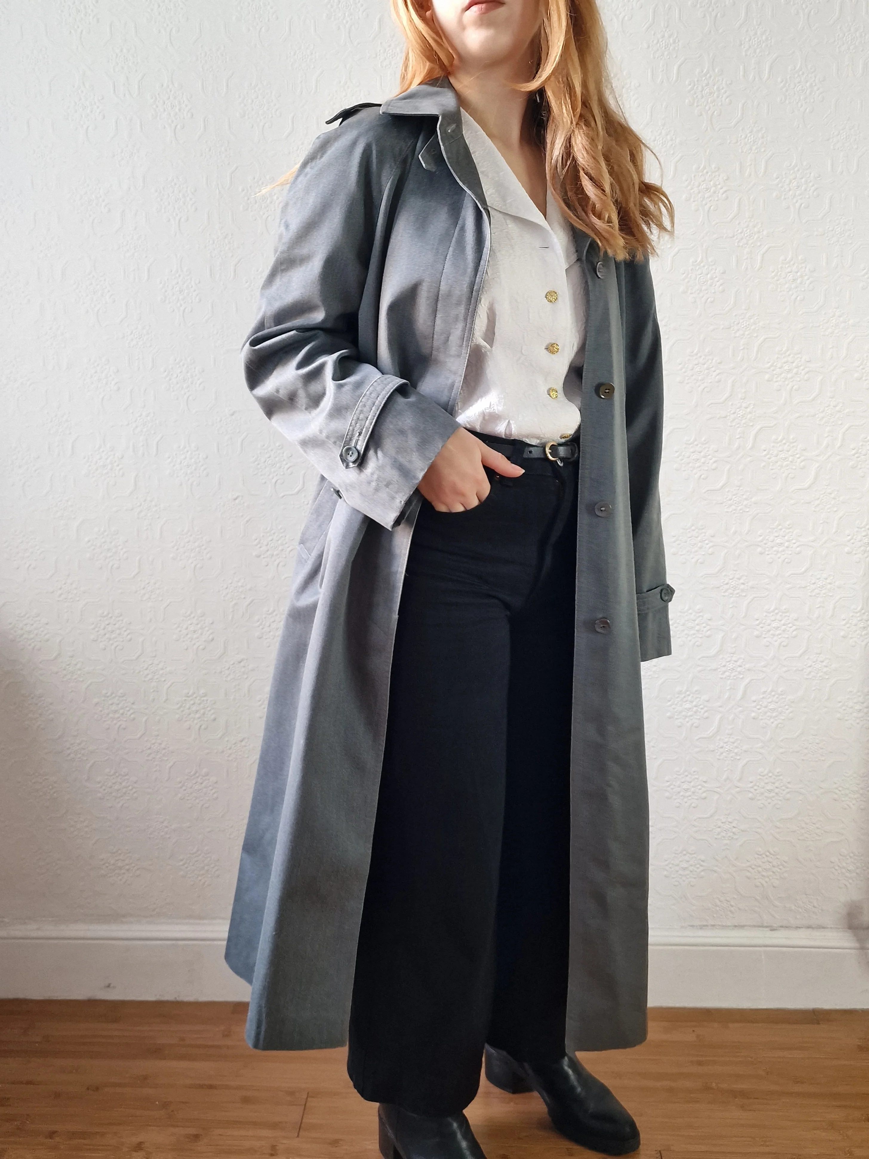 Vintage Denim Effect Dark Green Single Breasted Trench Coat - M/L - Image 7