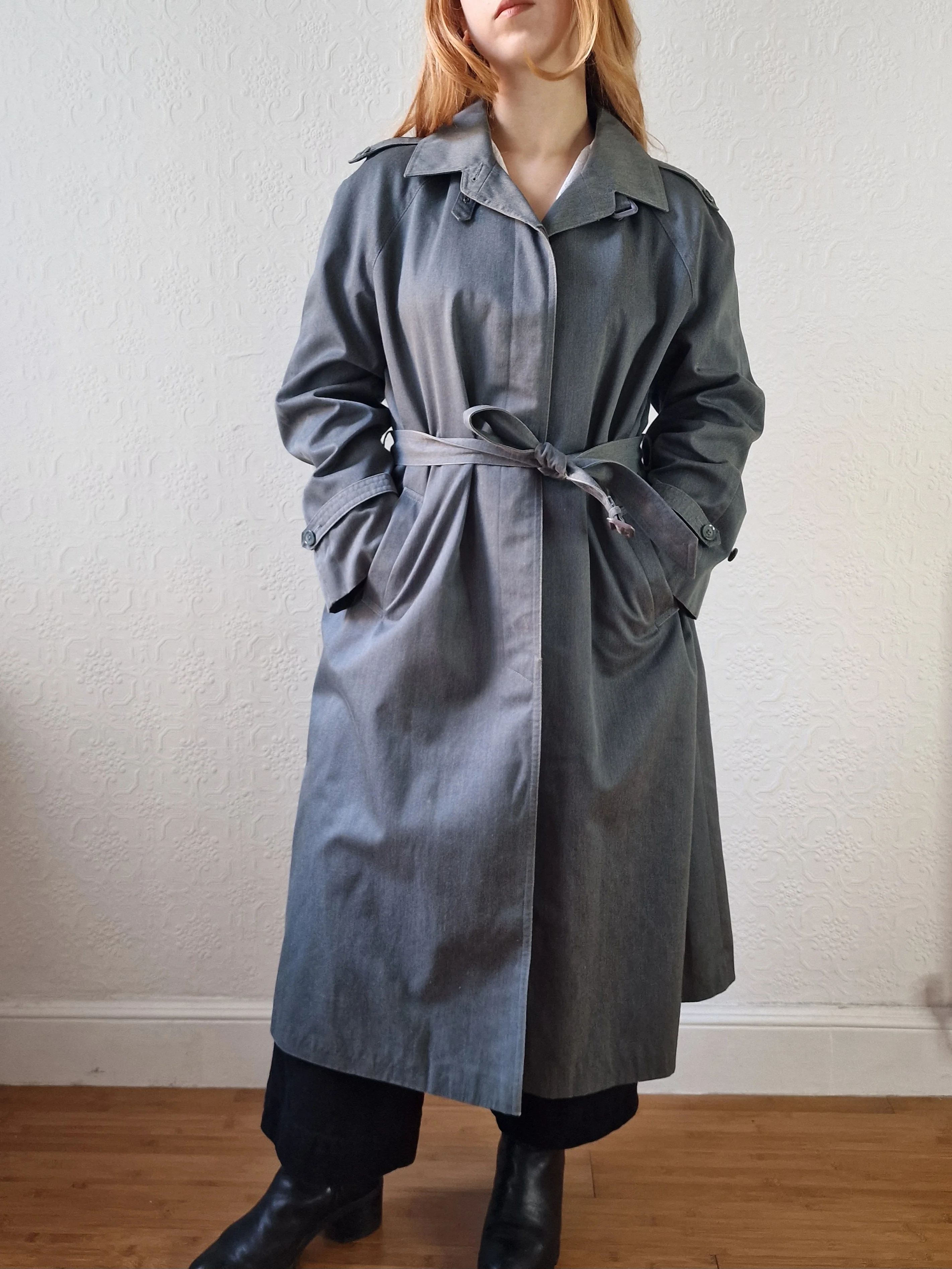 Vintage Denim Effect Dark Green Single Breasted Trench Coat - M/L - Image 8