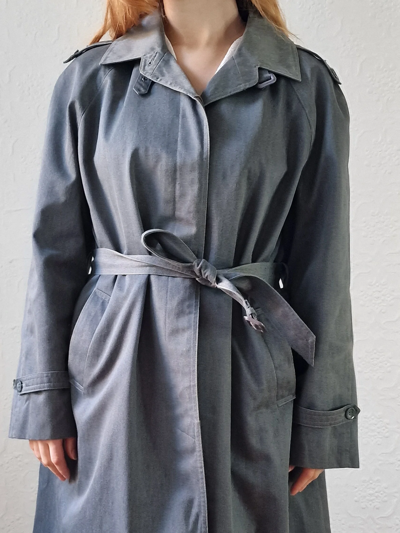 Vintage Denim Effect Dark Green Single Breasted Trench Coat - M/L - Image 9