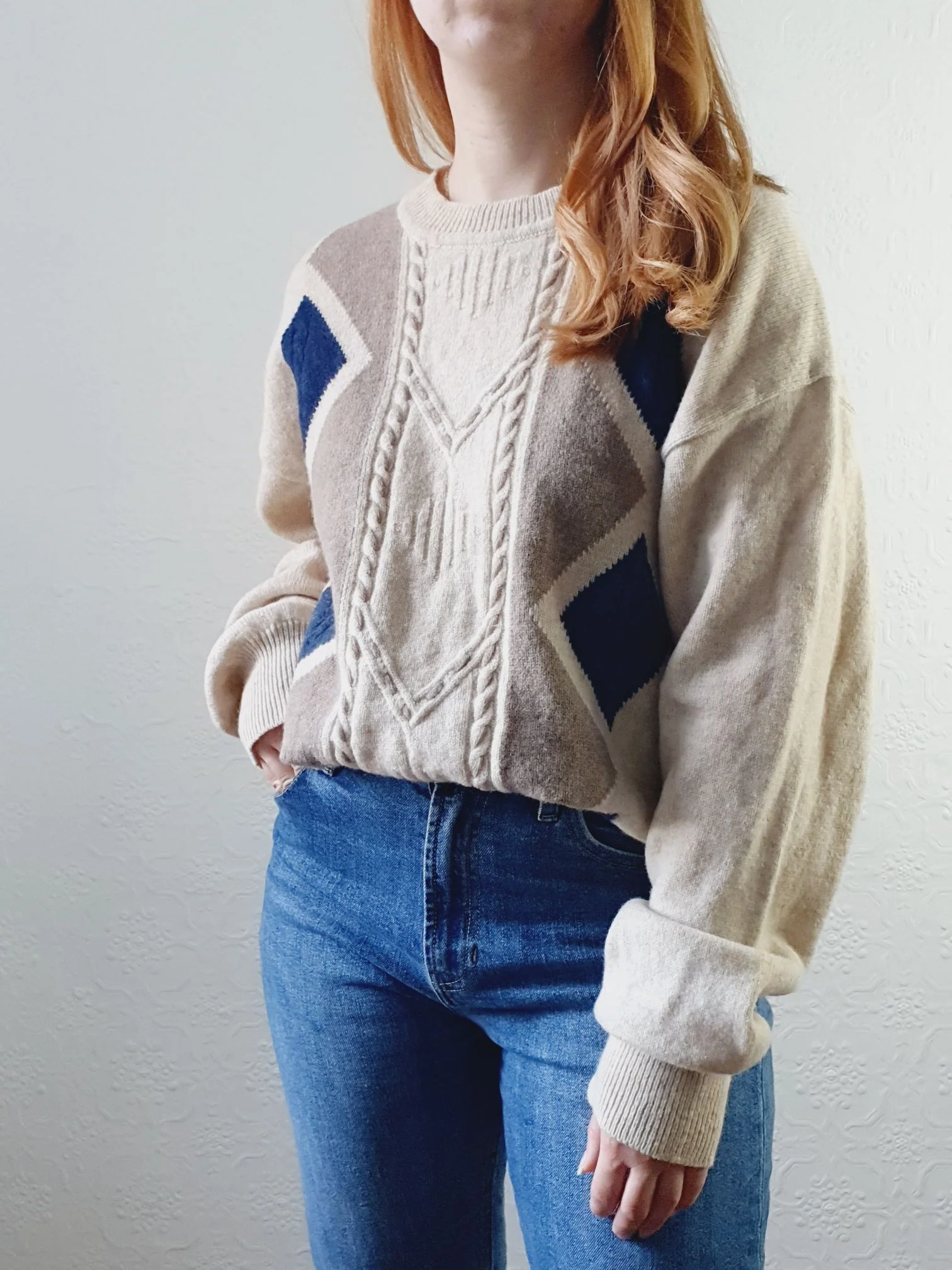 Vintage Diamond Pattern Wool Jumper - XL/XXL