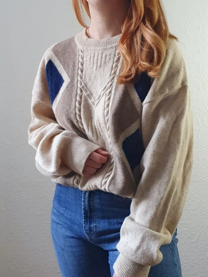 Vintage Diamond Pattern Wool Jumper - XL/XXL - Image 3