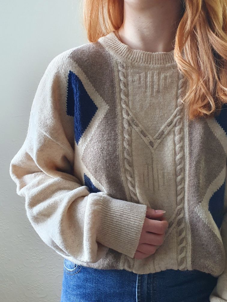 Vintage Diamond Pattern Wool Jumper - XL/XXL - Image 4