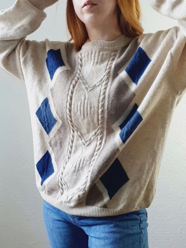Vintage Diamond Pattern Wool Jumper - XL/XXL - Image 5