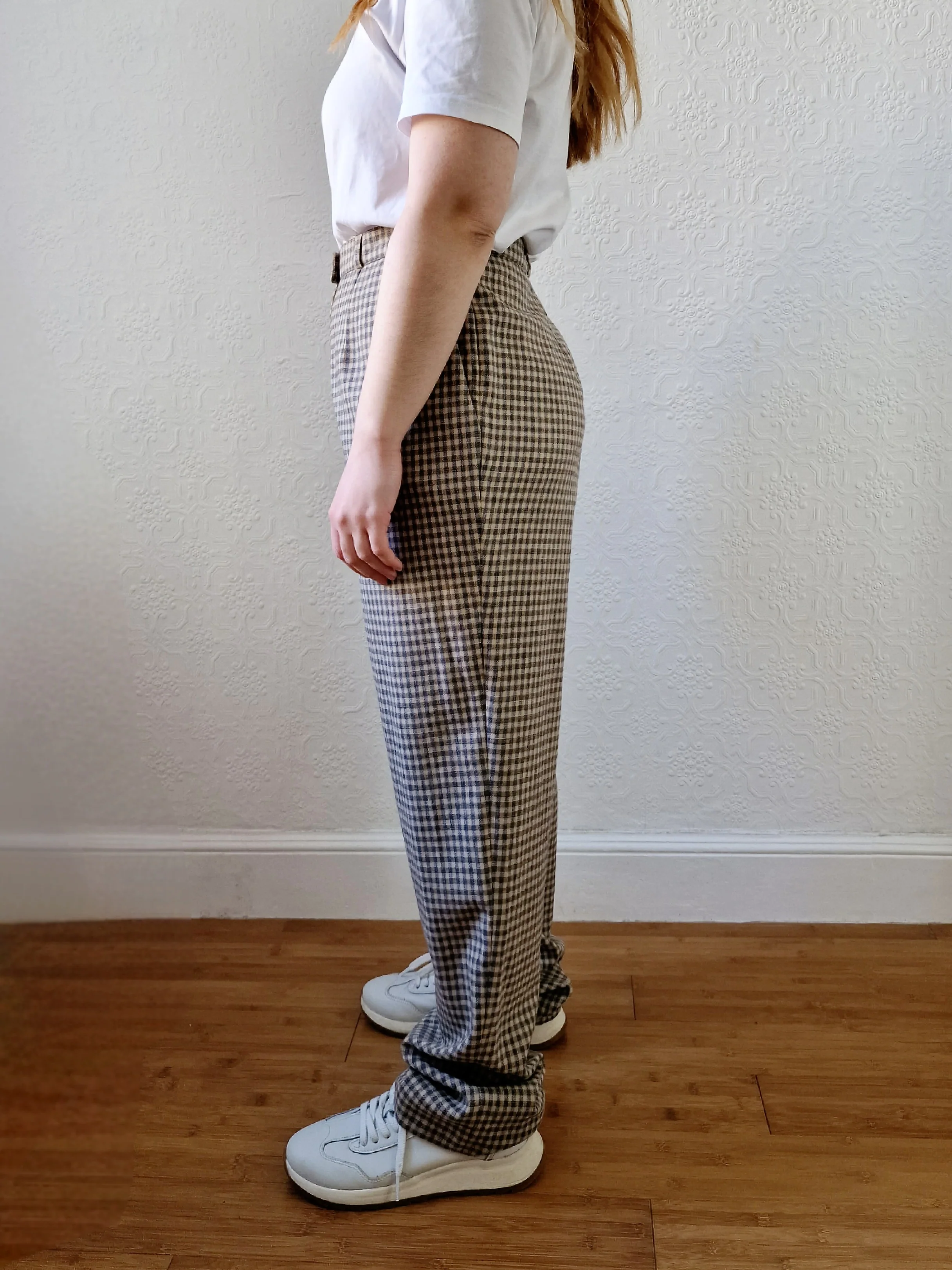 Vintage Brown Pure Wool Gingham Check High Waisted Straight Leg Trousers - L - Image 2