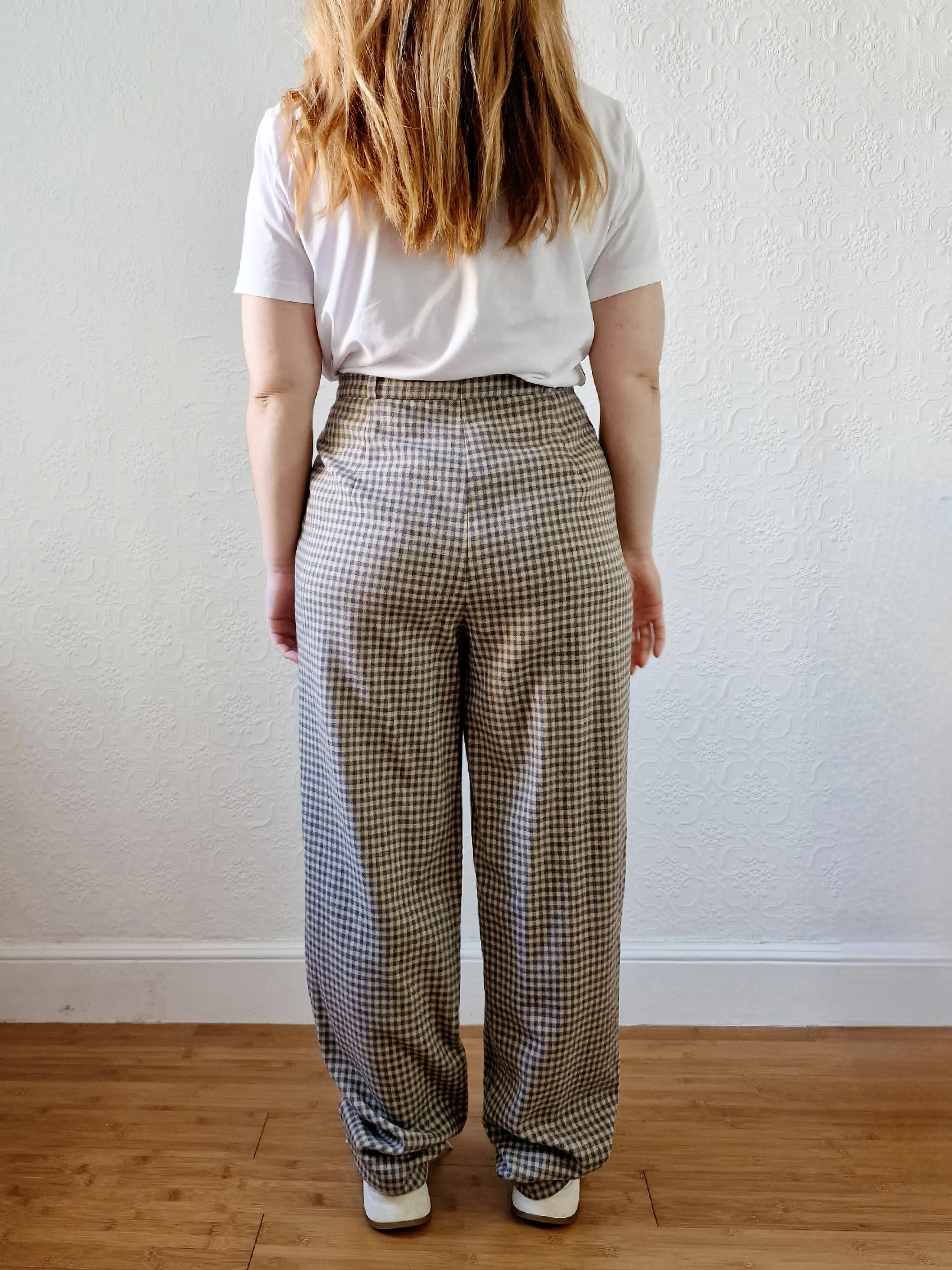Vintage Brown Pure Wool Gingham Check High Waisted Straight Leg Trousers - L - Image 3