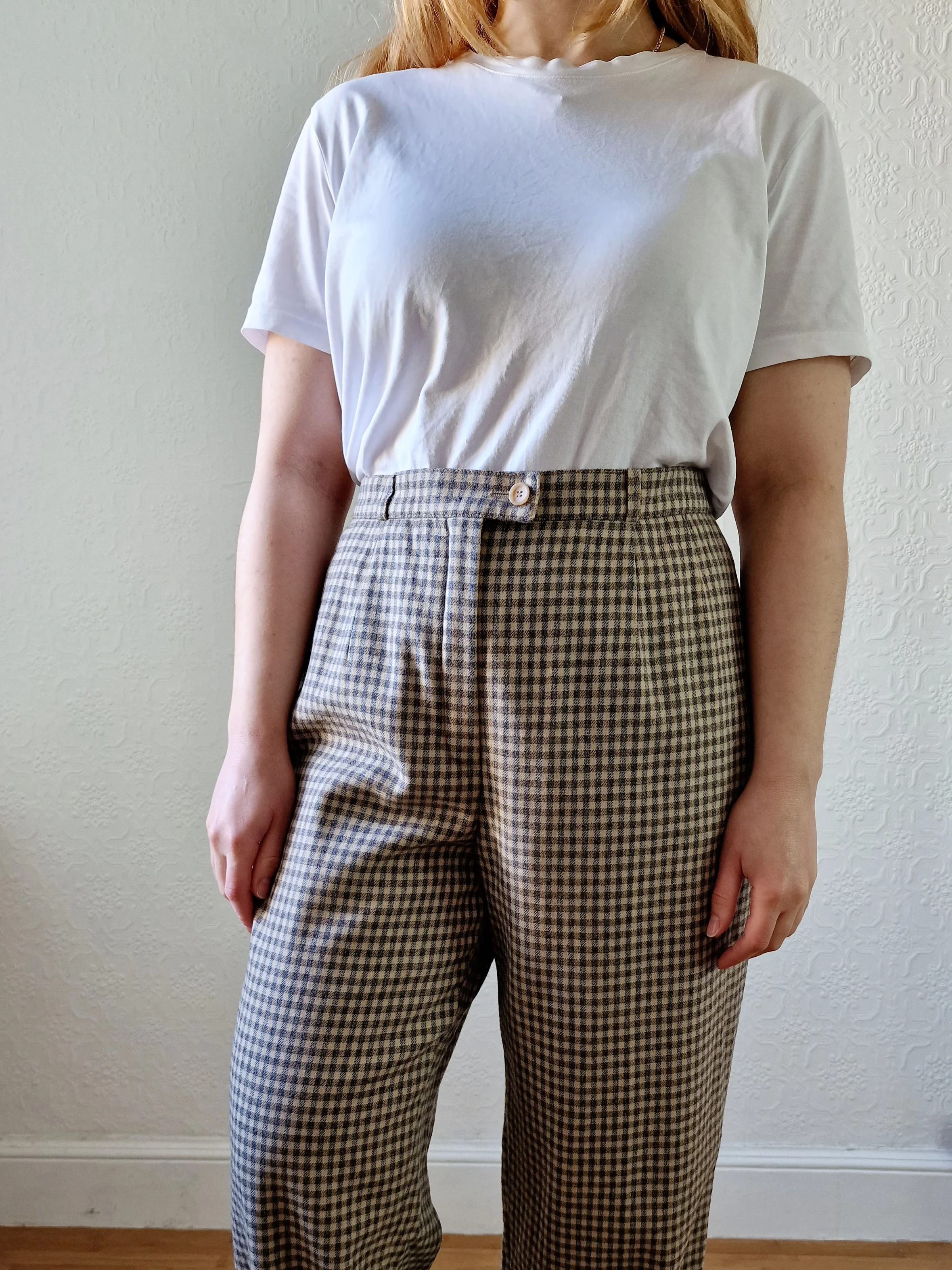 Vintage Brown Pure Wool Gingham Check High Waisted Straight Leg Trousers - L - Image 4