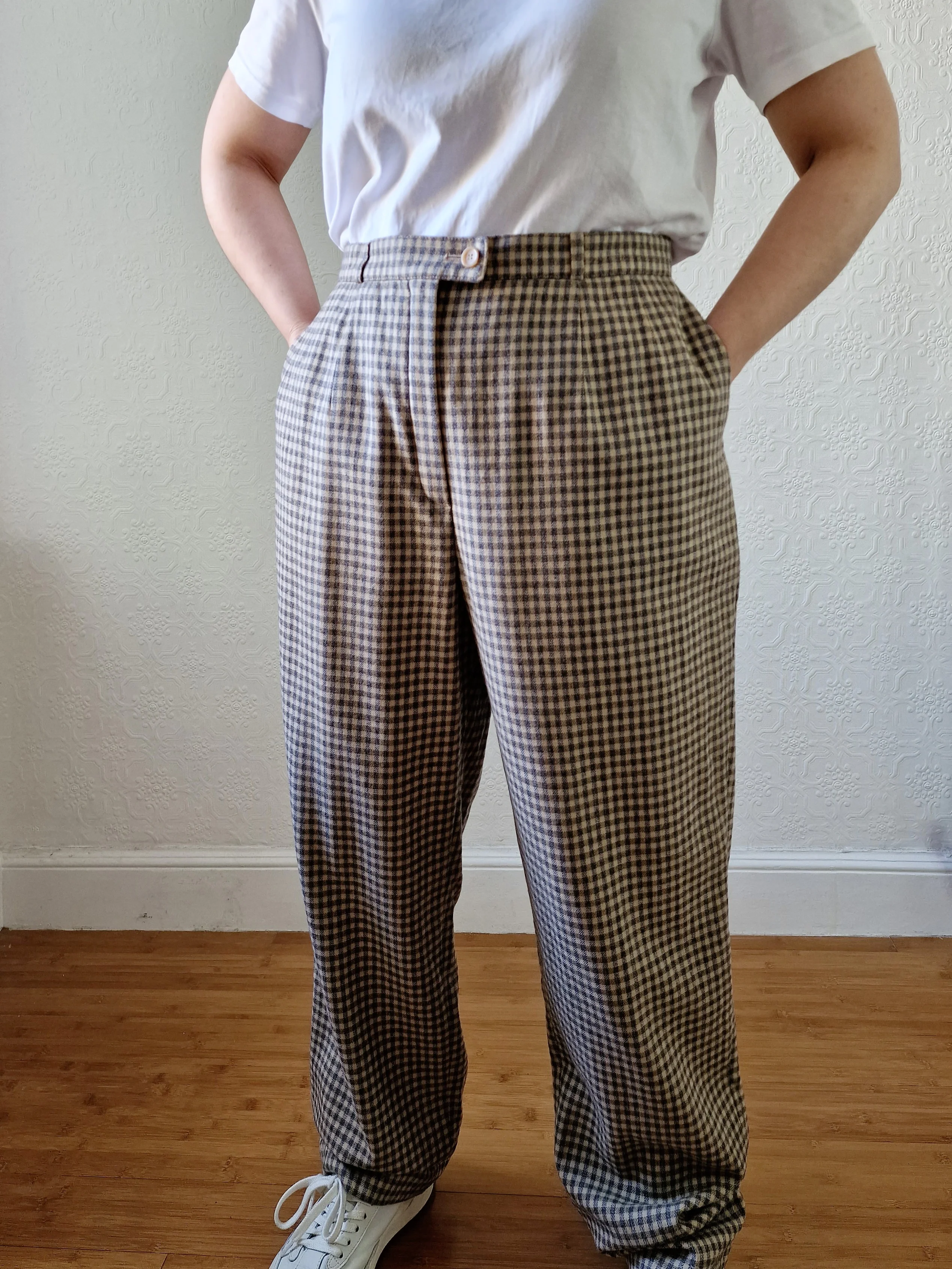 Vintage Brown Pure Wool Gingham Check High Waisted Straight Leg Trousers - L - Image 5