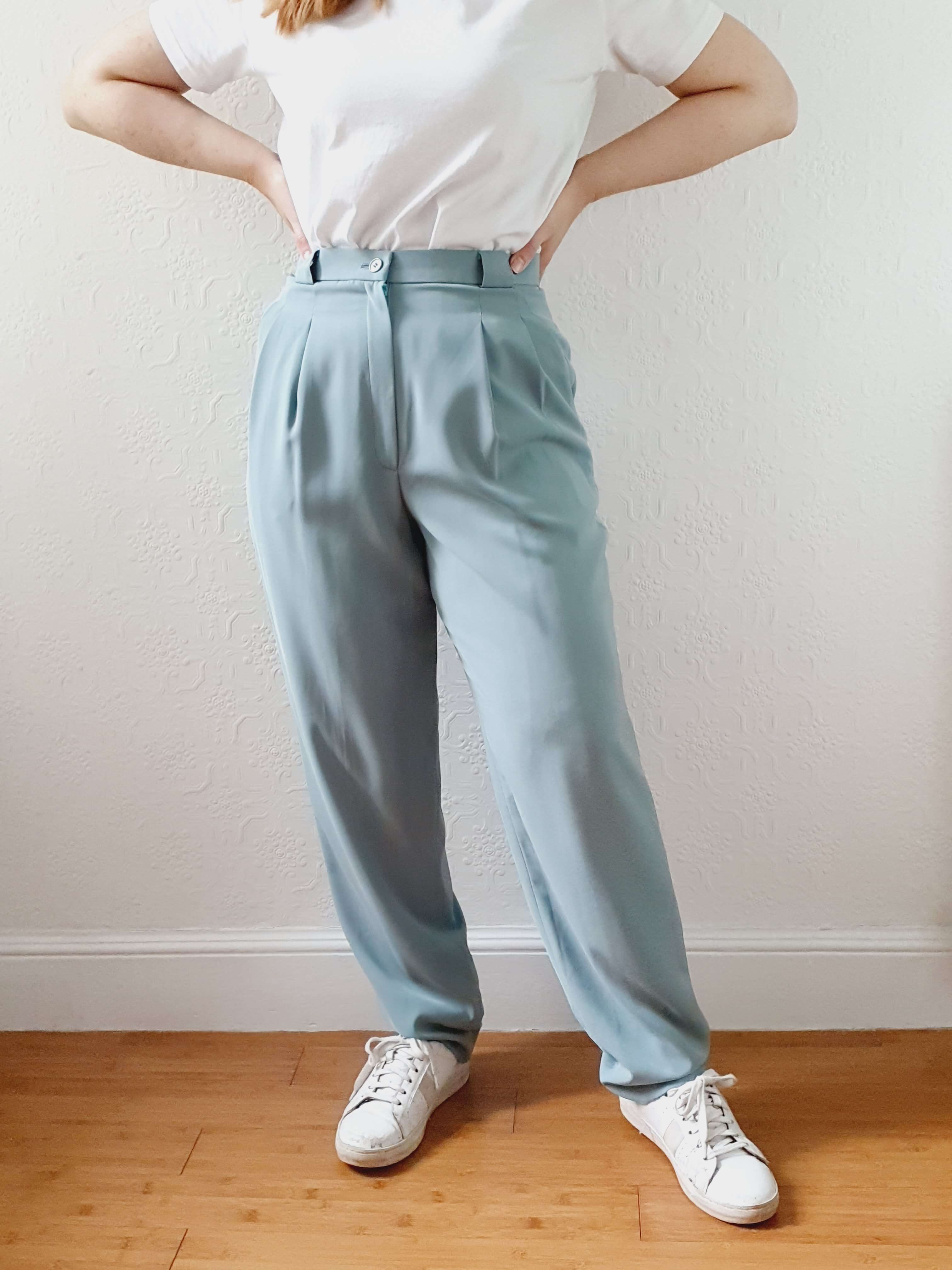 Vintage Duck Egg High Waisted Pleated Summer Trousers - S
