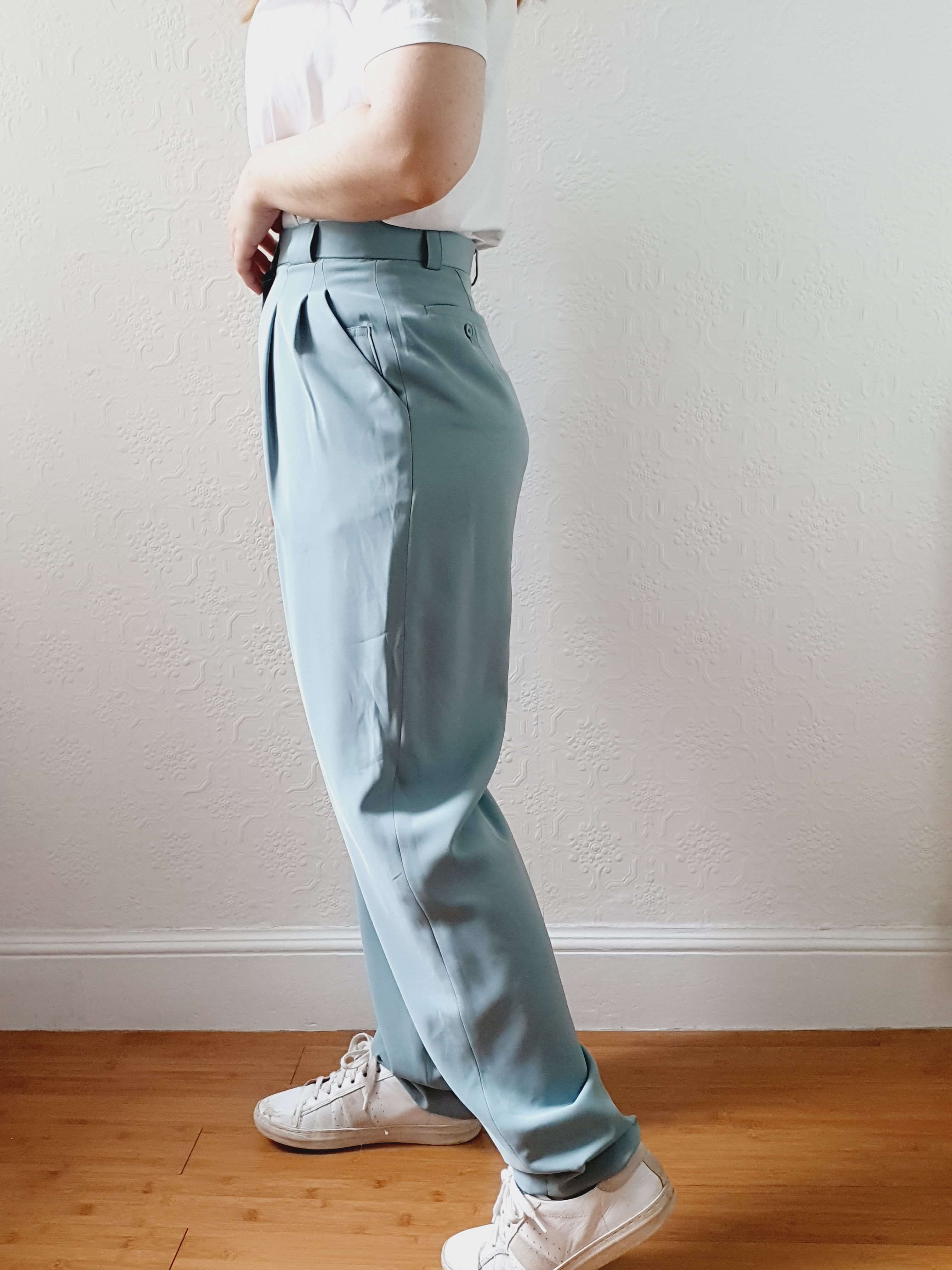 Vintage Duck Egg High Waisted Pleated Summer Trousers - S - Image 10