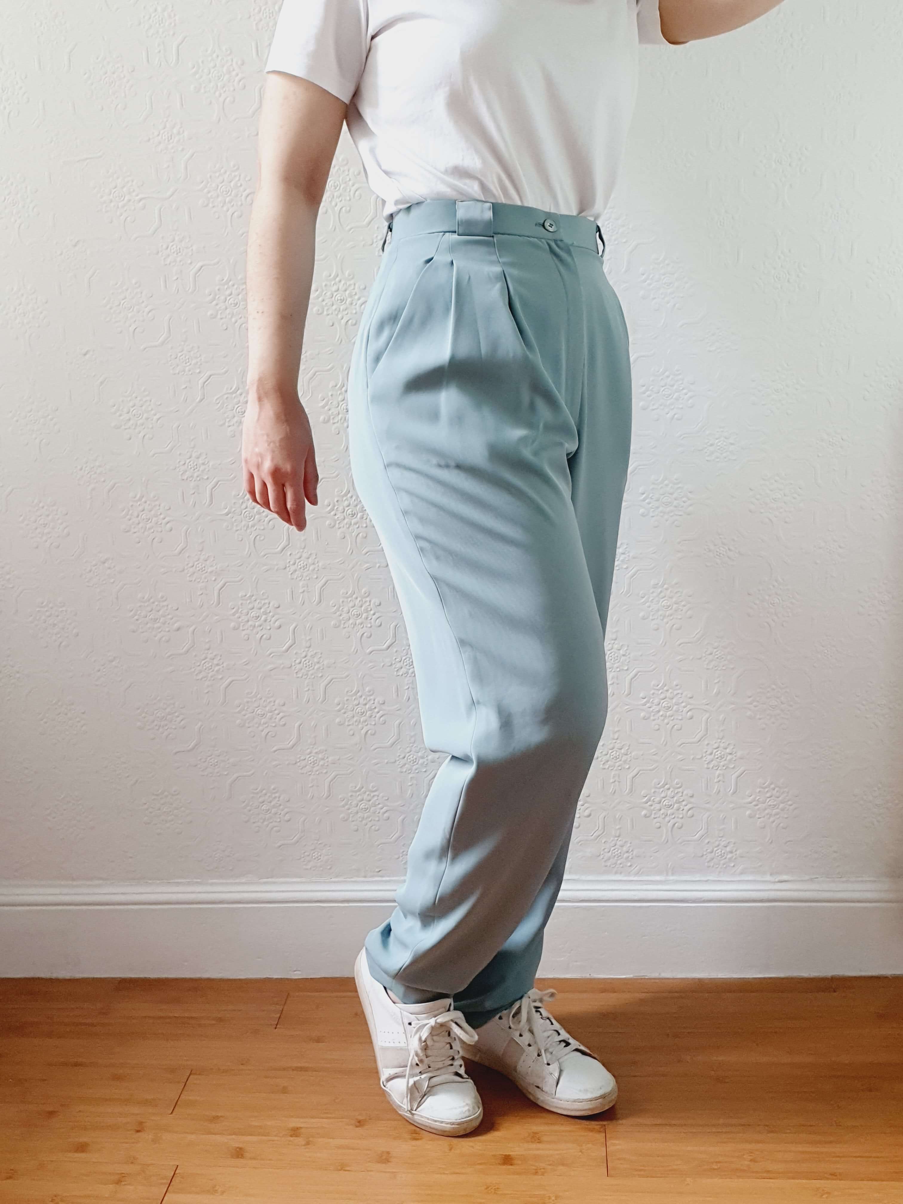 Vintage Duck Egg High Waisted Pleated Summer Trousers - S - Image 11