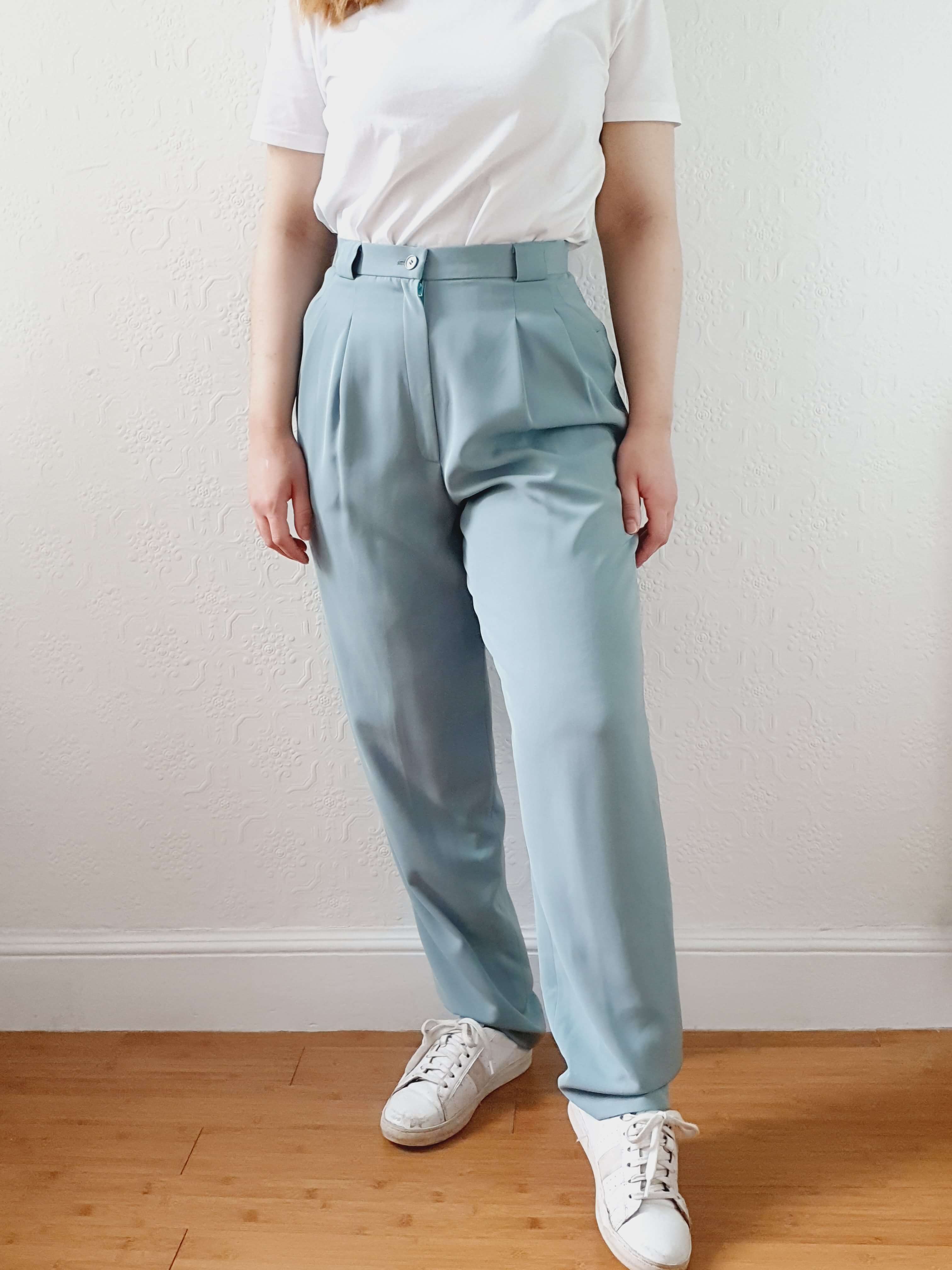 Vintage Duck Egg High Waisted Pleated Summer Trousers - S - Image 12