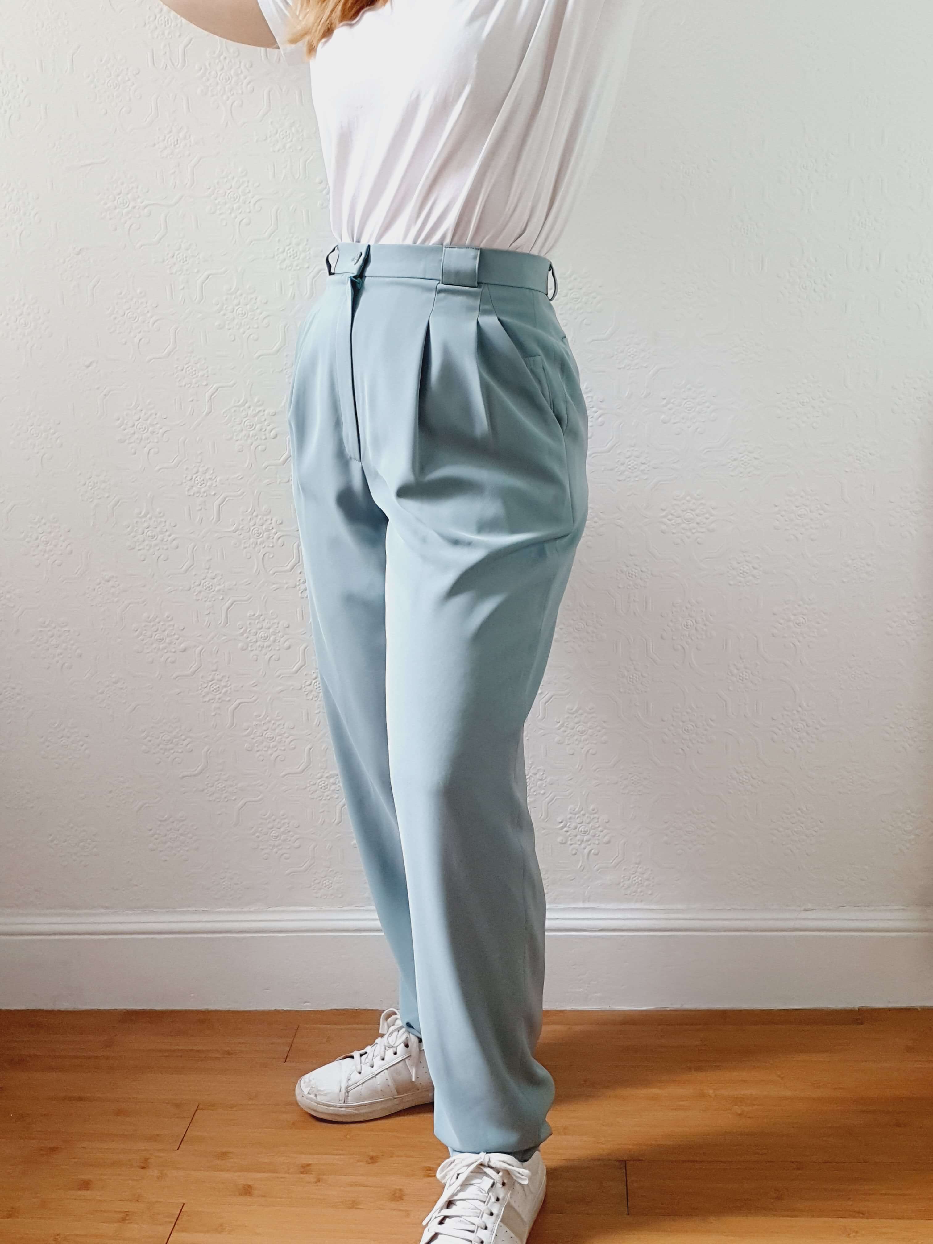 Vintage Duck Egg High Waisted Pleated Summer Trousers - S - Image 13