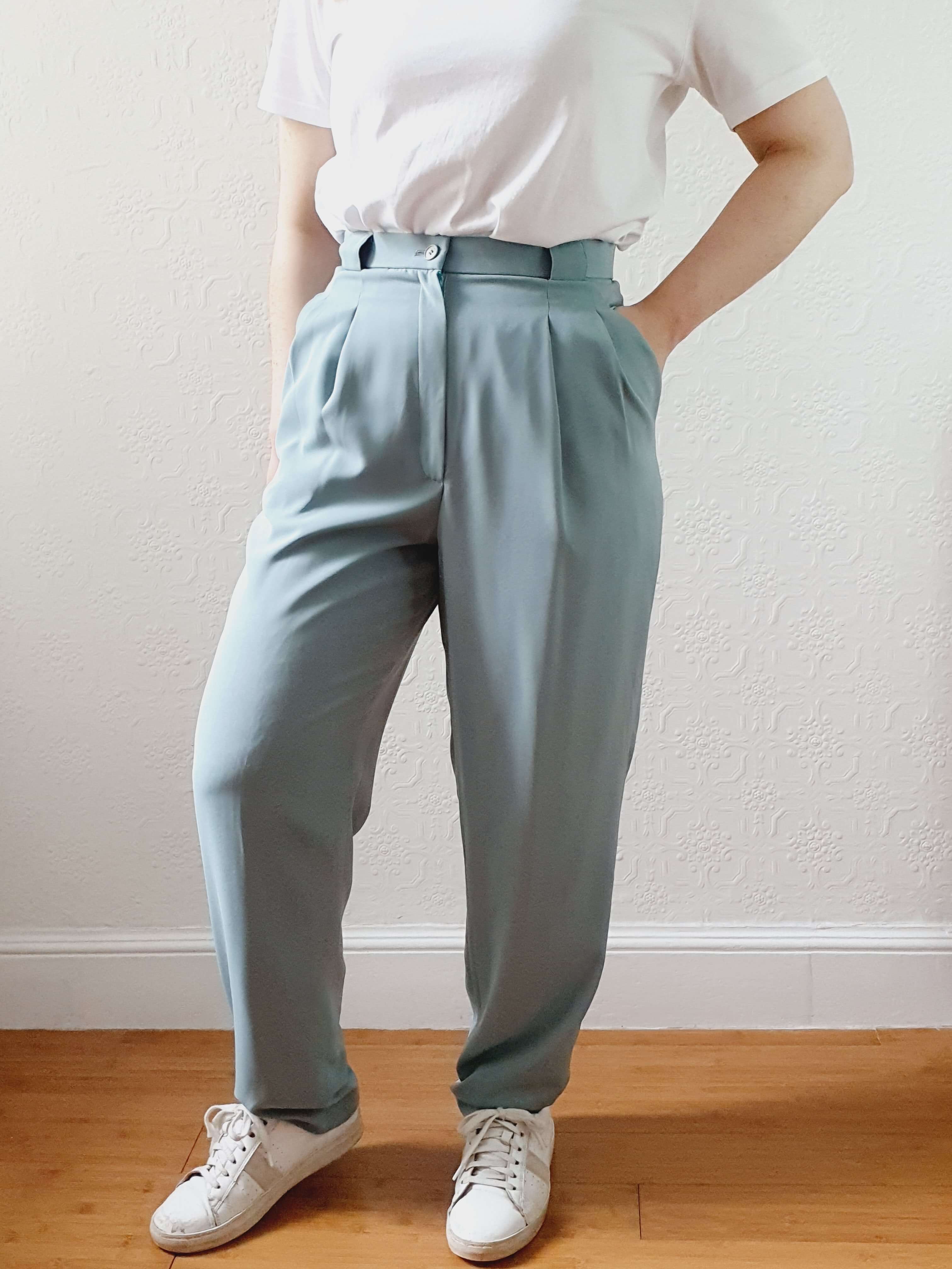 Vintage Duck Egg High Waisted Pleated Summer Trousers - S - Image 14