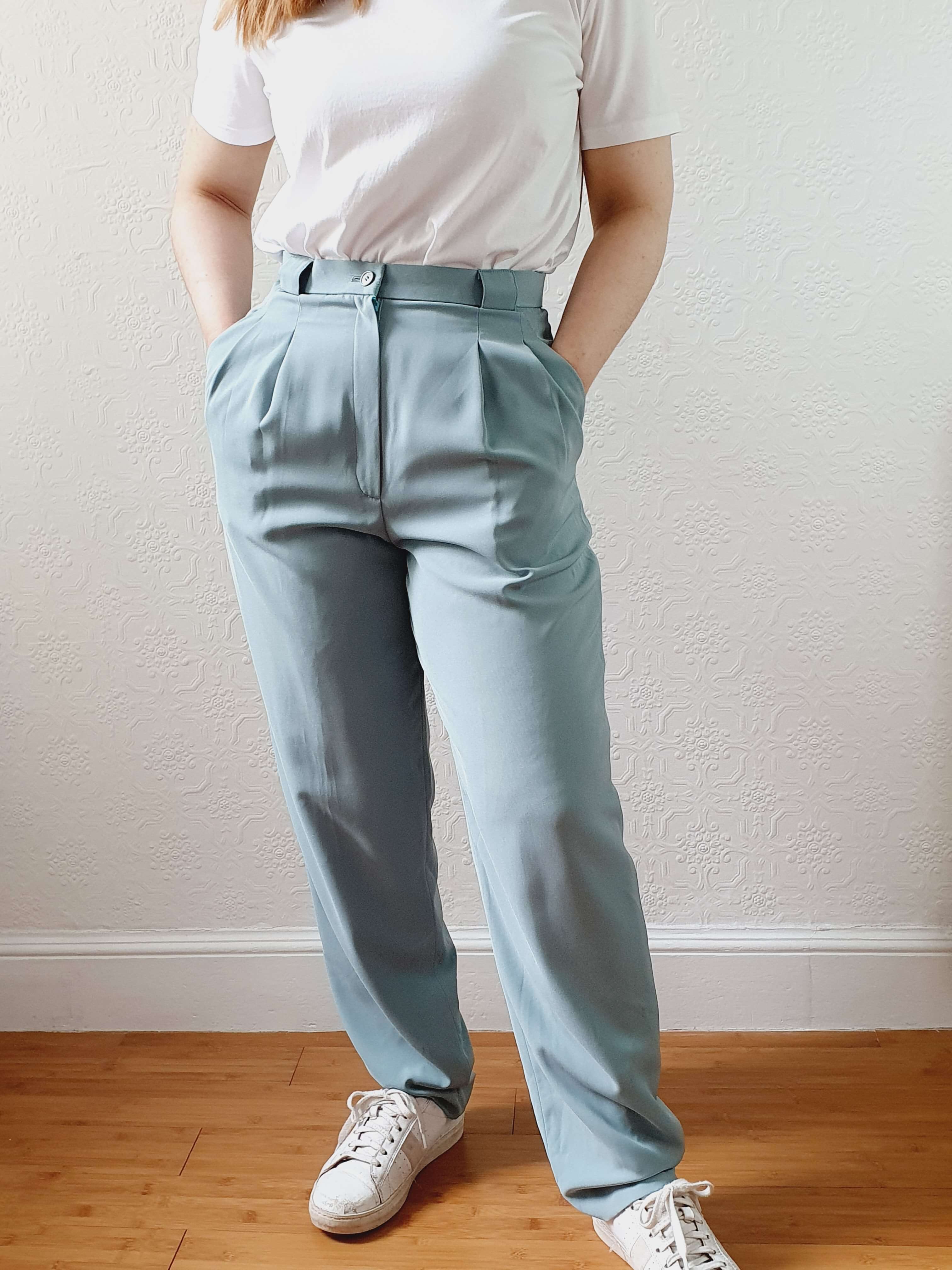 Vintage Duck Egg High Waisted Pleated Summer Trousers - S - Image 15