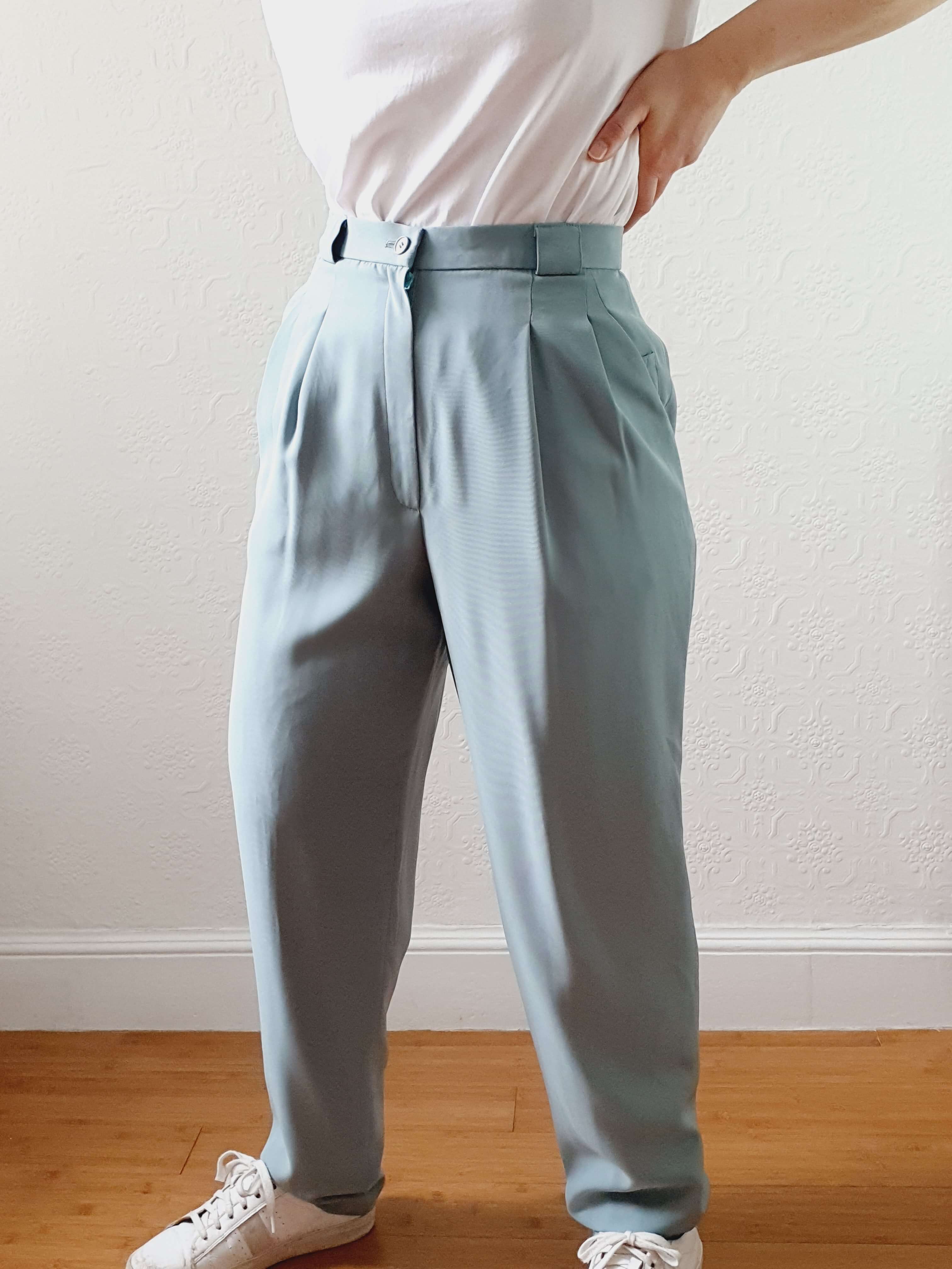 Vintage Duck Egg High Waisted Pleated Summer Trousers - S - Image 2