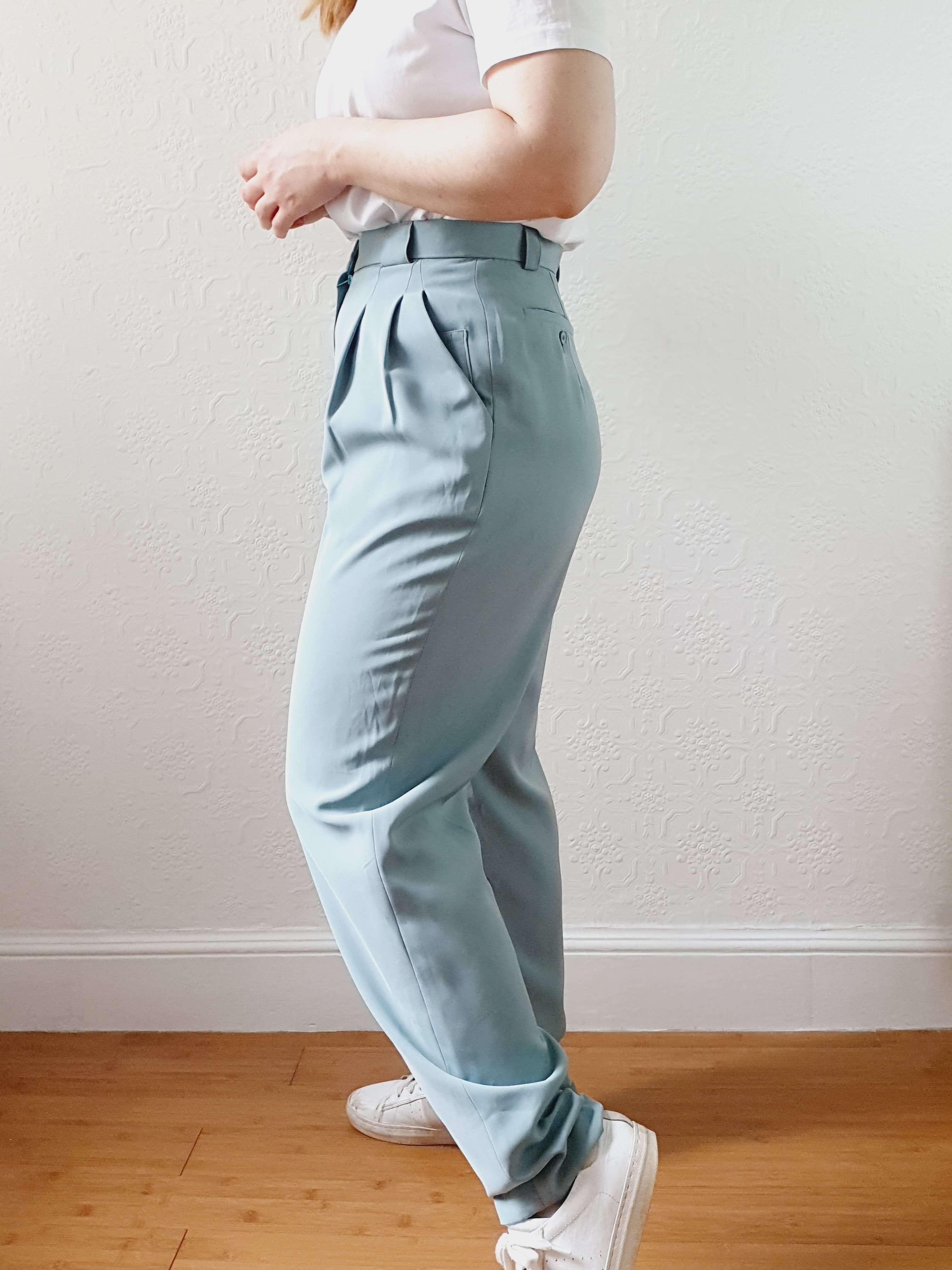 Vintage Duck Egg High Waisted Pleated Summer Trousers - S - Image 3