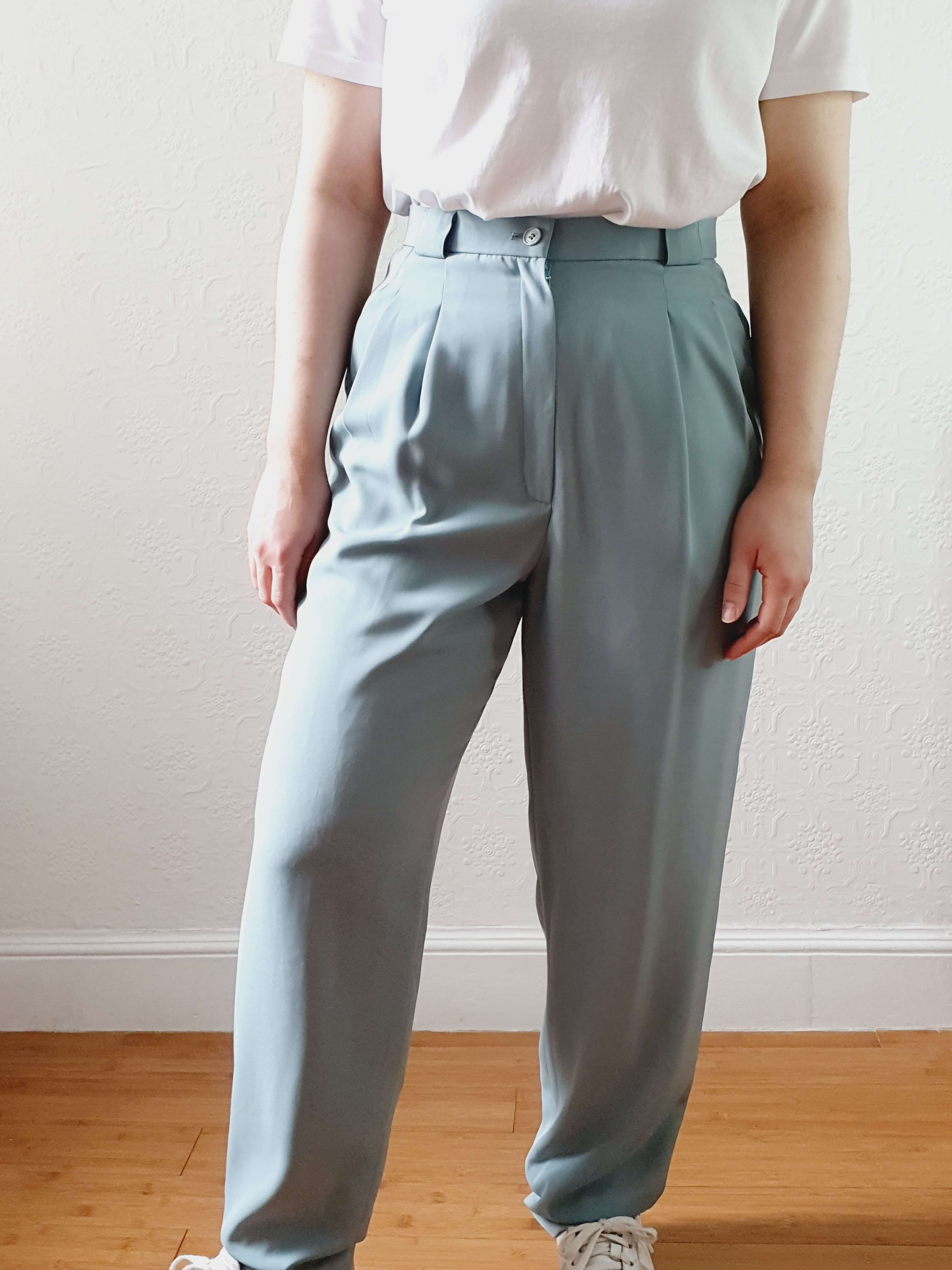 Vintage Duck Egg High Waisted Pleated Summer Trousers - S - Image 4