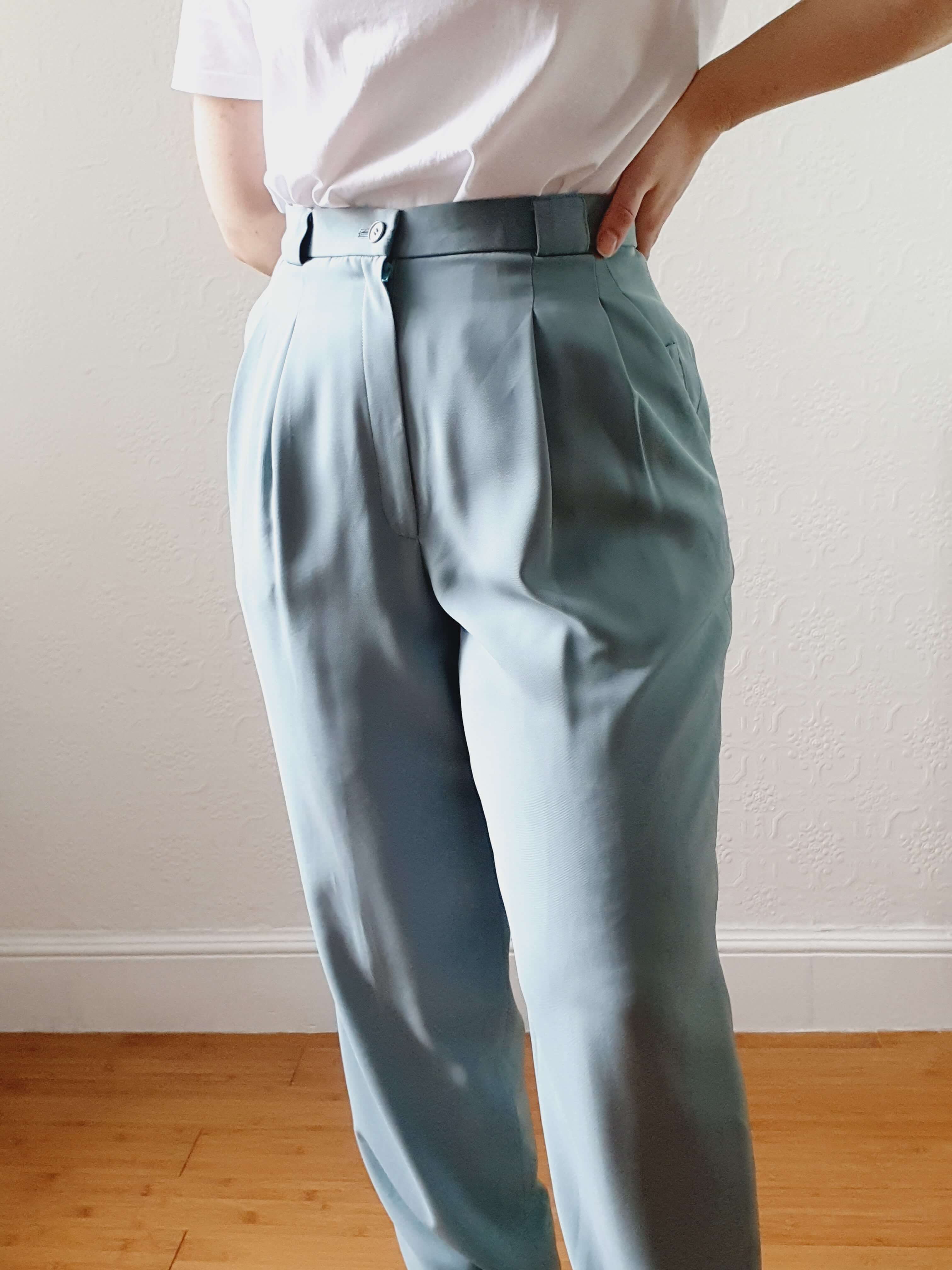 Vintage Duck Egg High Waisted Pleated Summer Trousers - S - Image 5