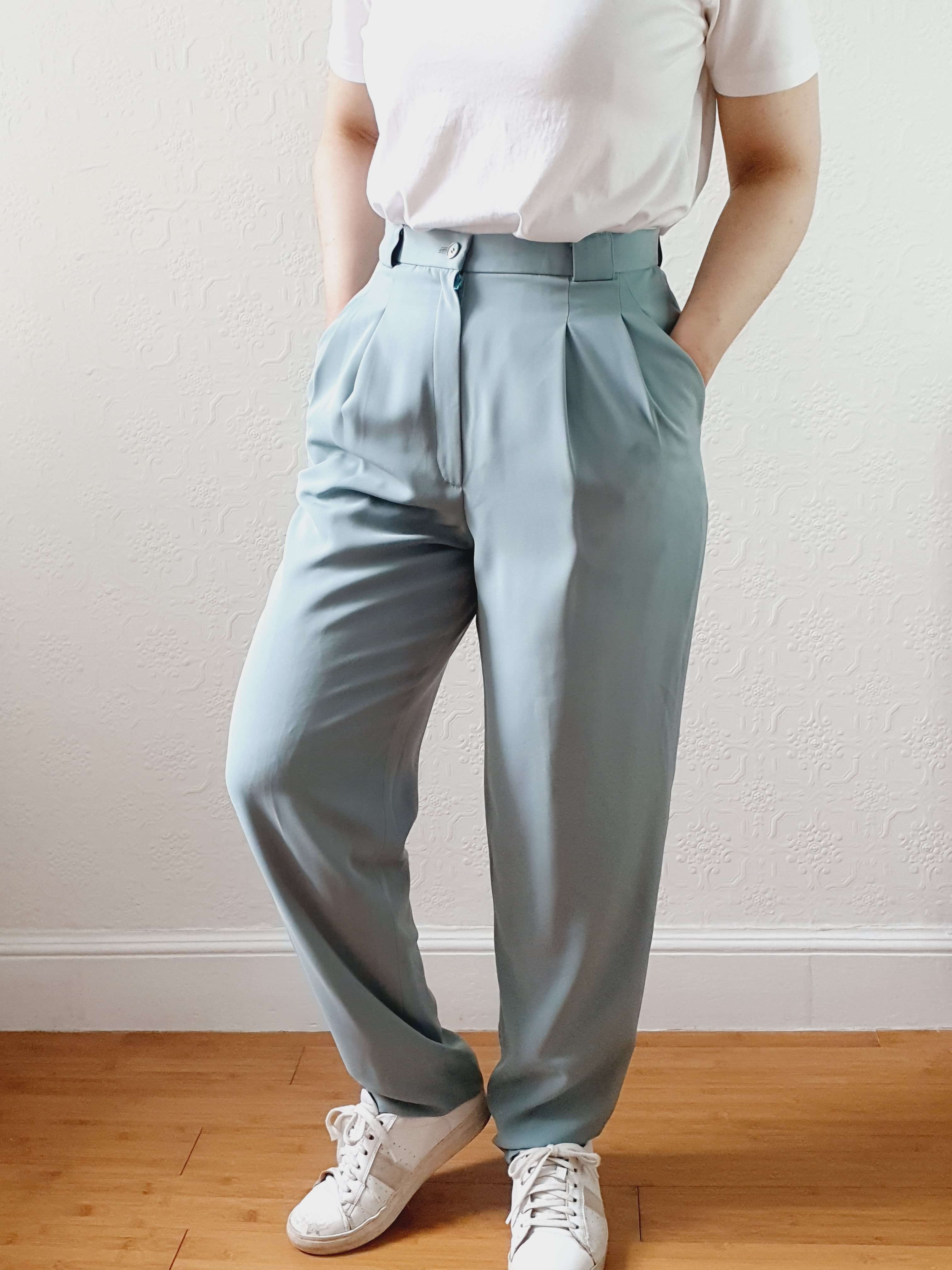 Vintage Duck Egg High Waisted Pleated Summer Trousers - S - Image 6