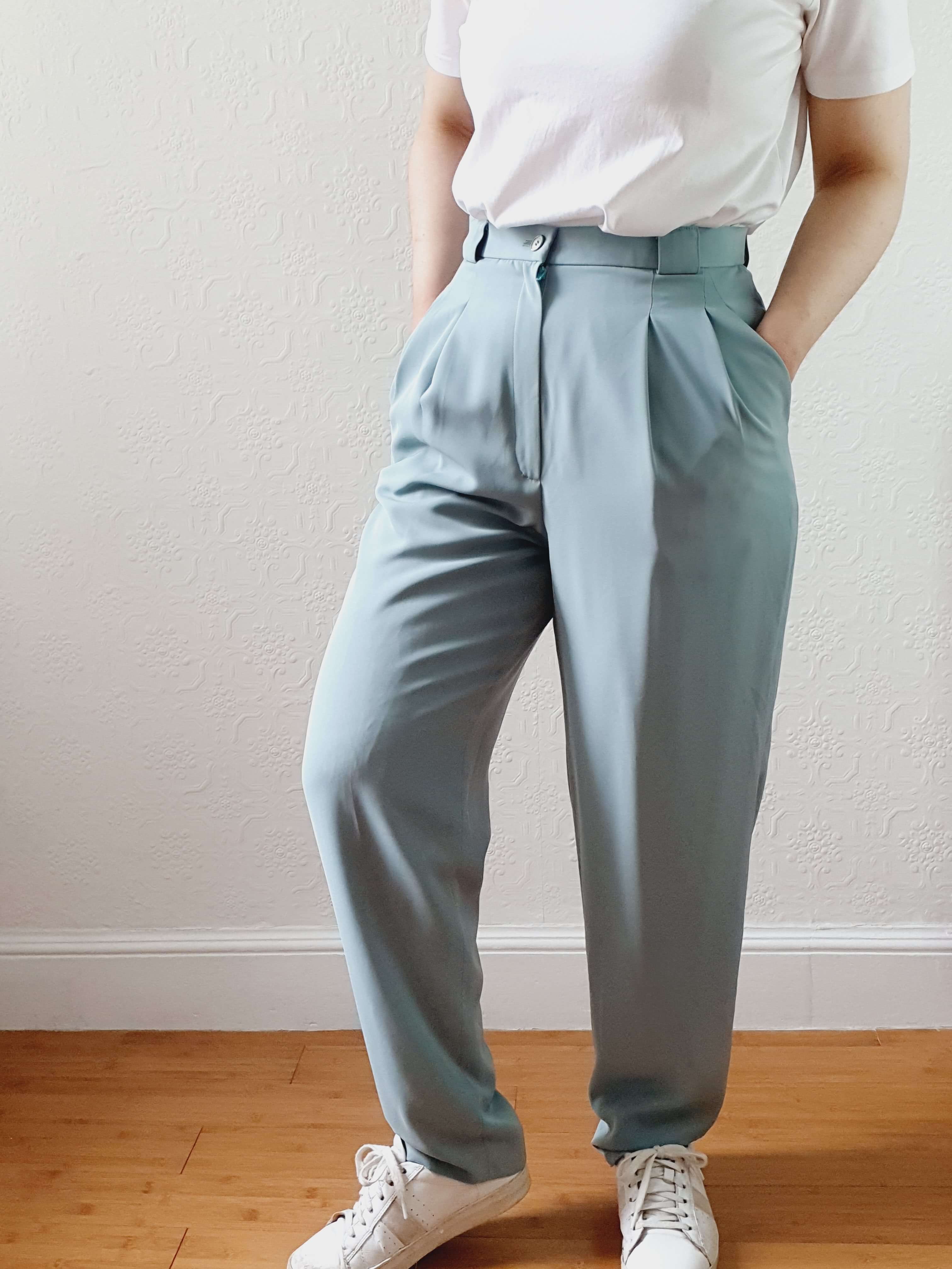 Vintage Duck Egg High Waisted Pleated Summer Trousers - S - Image 7