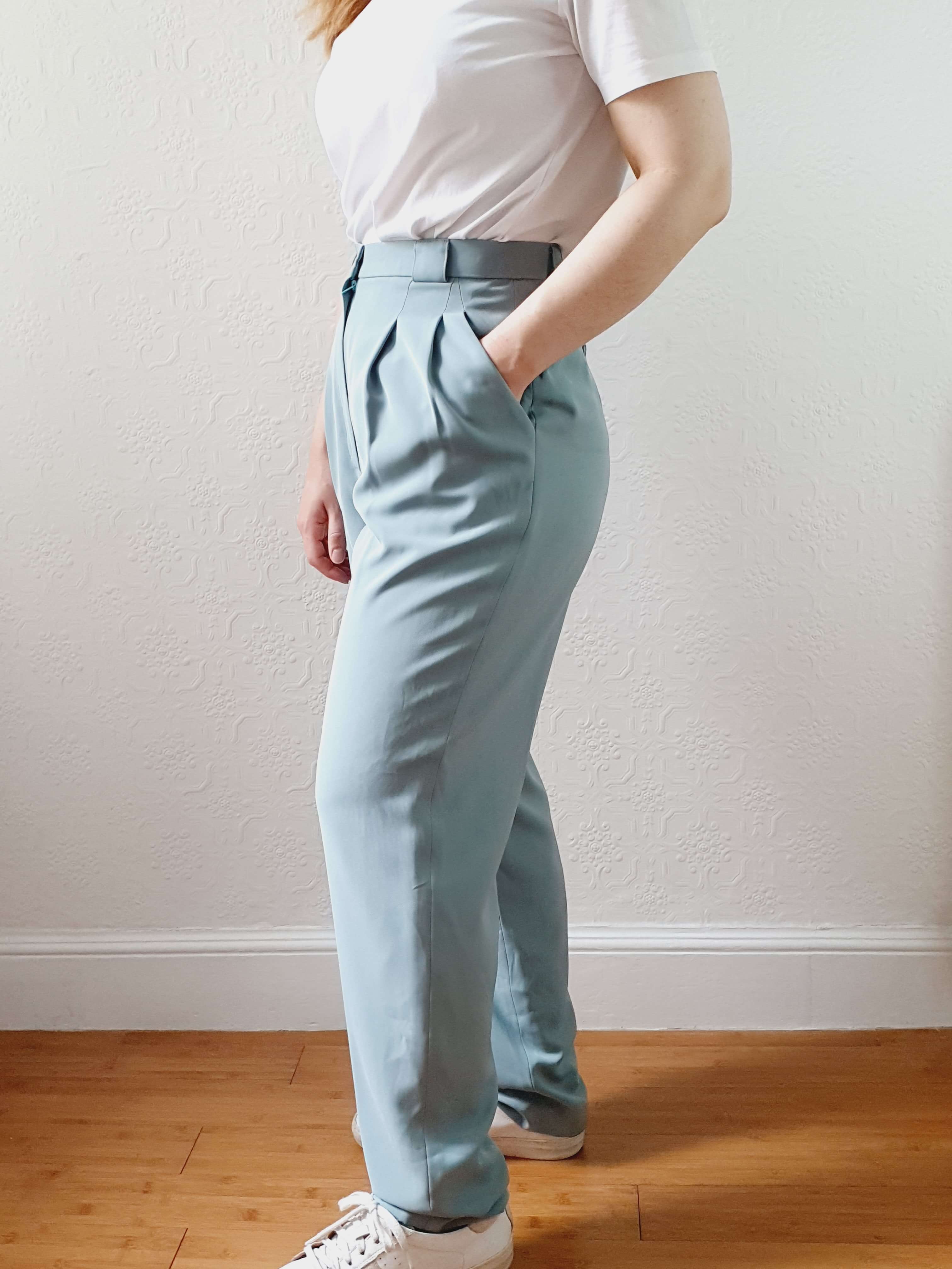 Vintage Duck Egg High Waisted Pleated Summer Trousers - S - Image 8