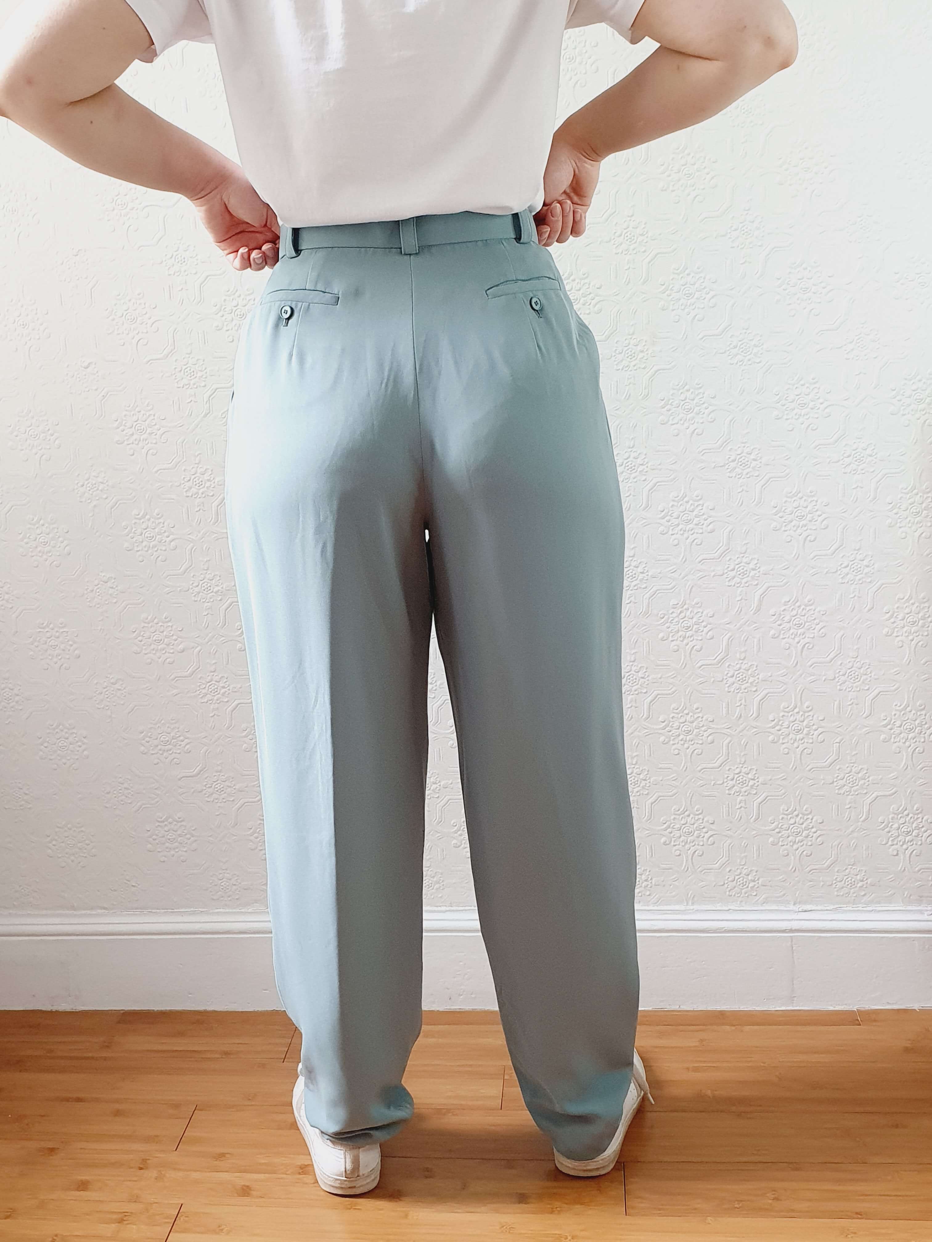 Vintage Duck Egg High Waisted Pleated Summer Trousers - S - Image 9