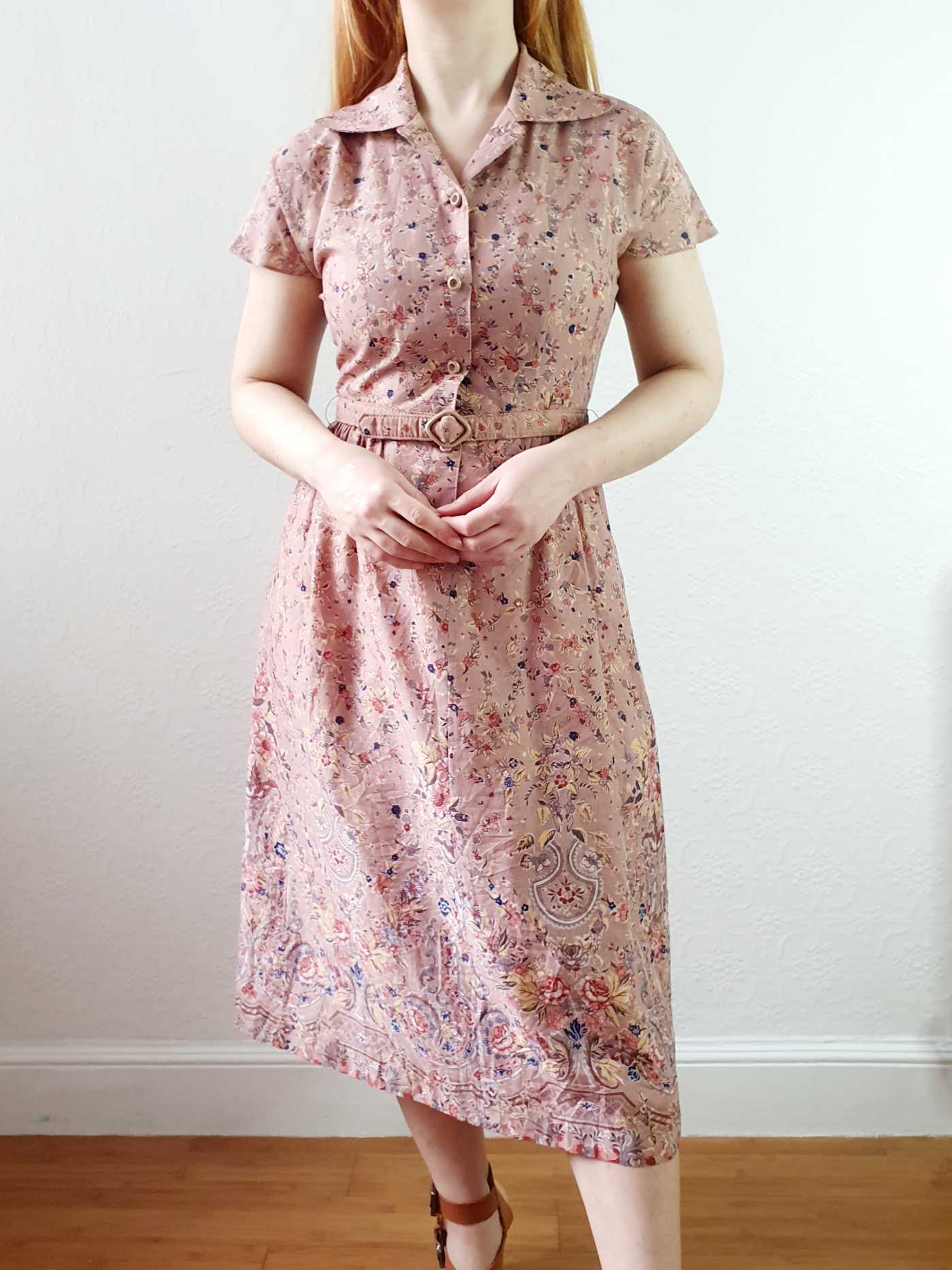 Vintage Dusty Pink Floral Short Sleeve Shirt Dress - XS/S