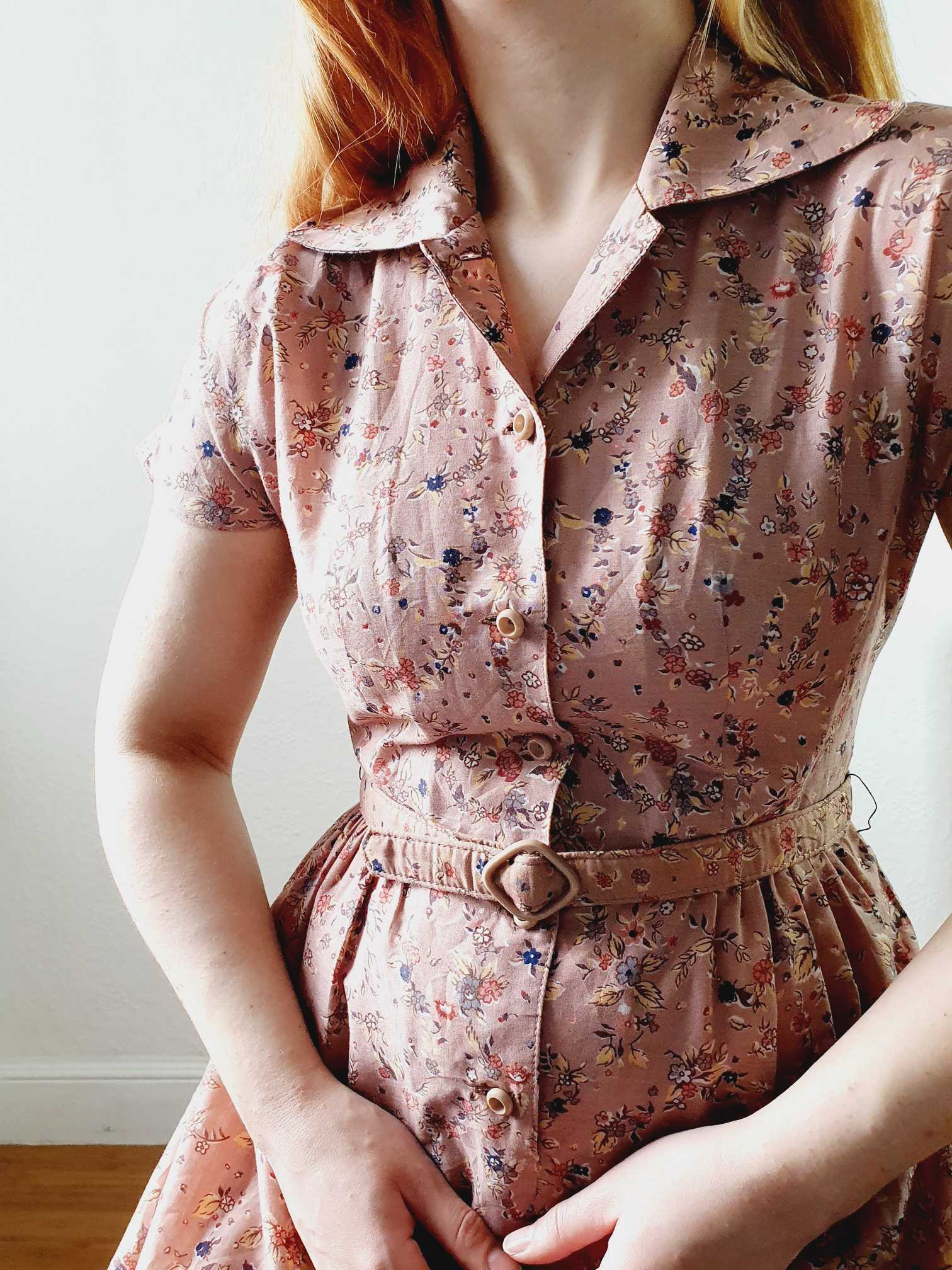 Vintage Dusty Pink Floral Short Sleeve Shirt Dress - XS/S - Image 2