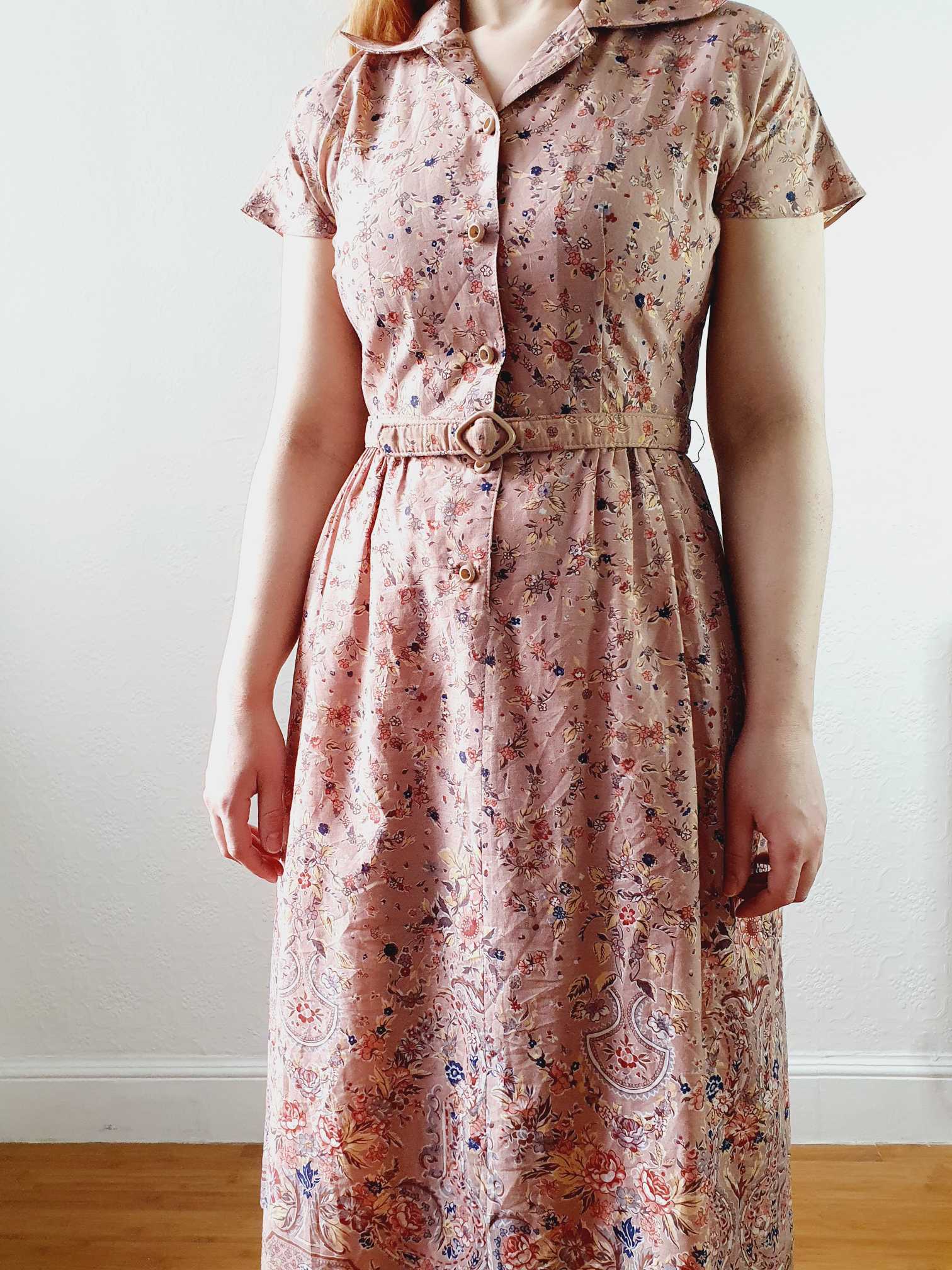 Vintage Dusty Pink Floral Short Sleeve Shirt Dress - XS/S - Image 3