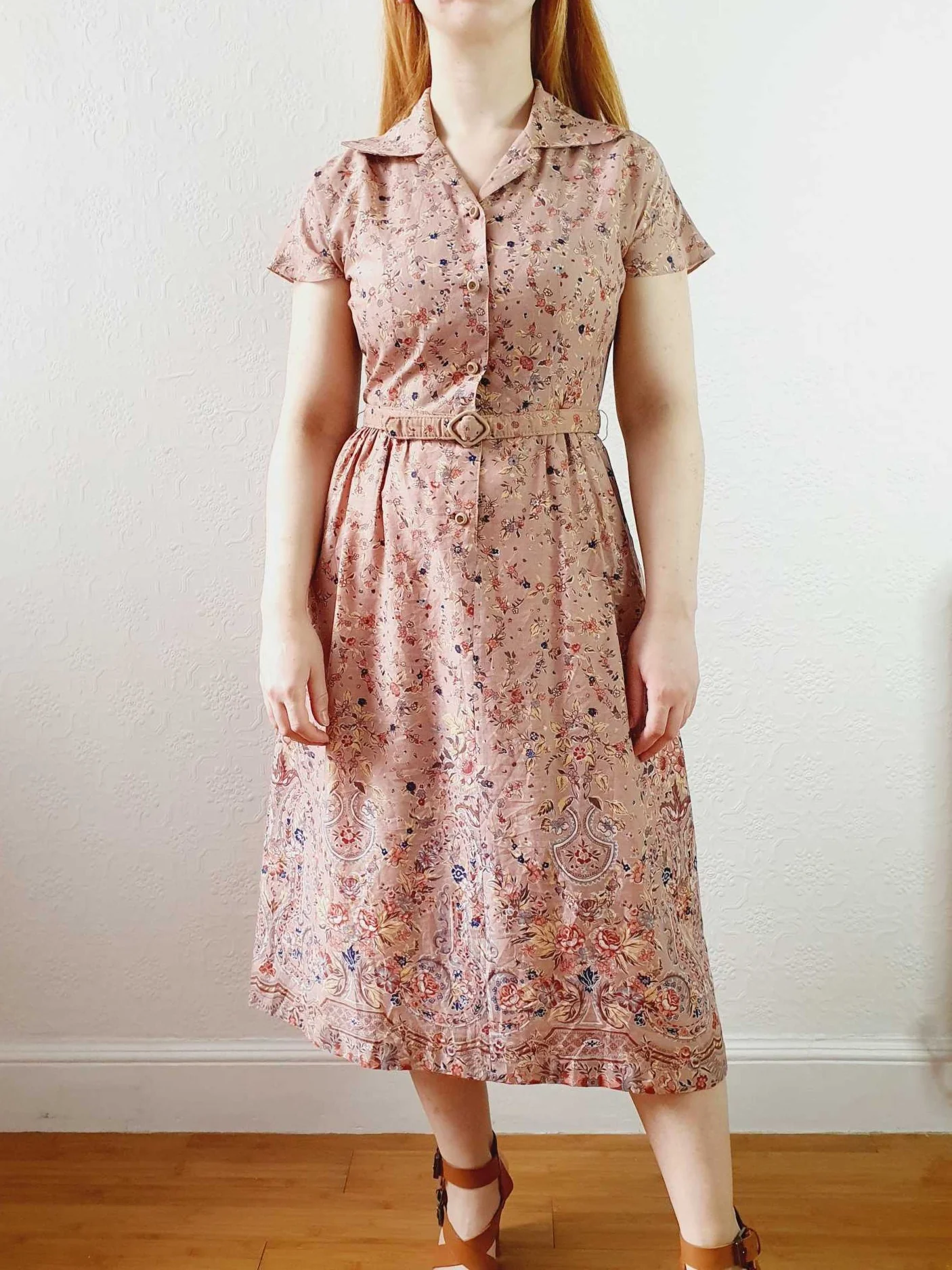 Vintage Dusty Pink Floral Short Sleeve Shirt Dress - XS/S - Image 4